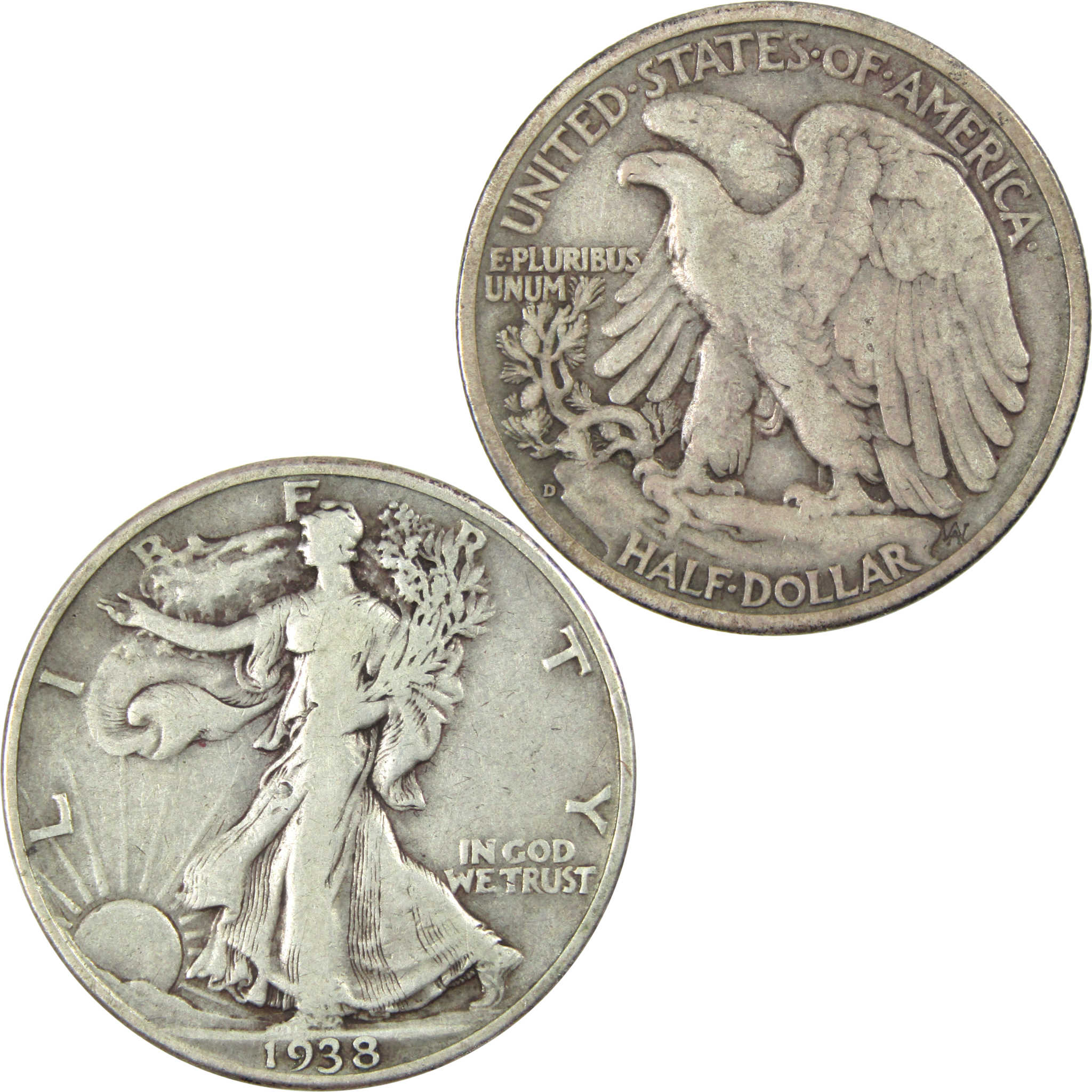 1938 D Liberty Walking Half Dollar F Fine Silver 50c Coin SKU:I13854