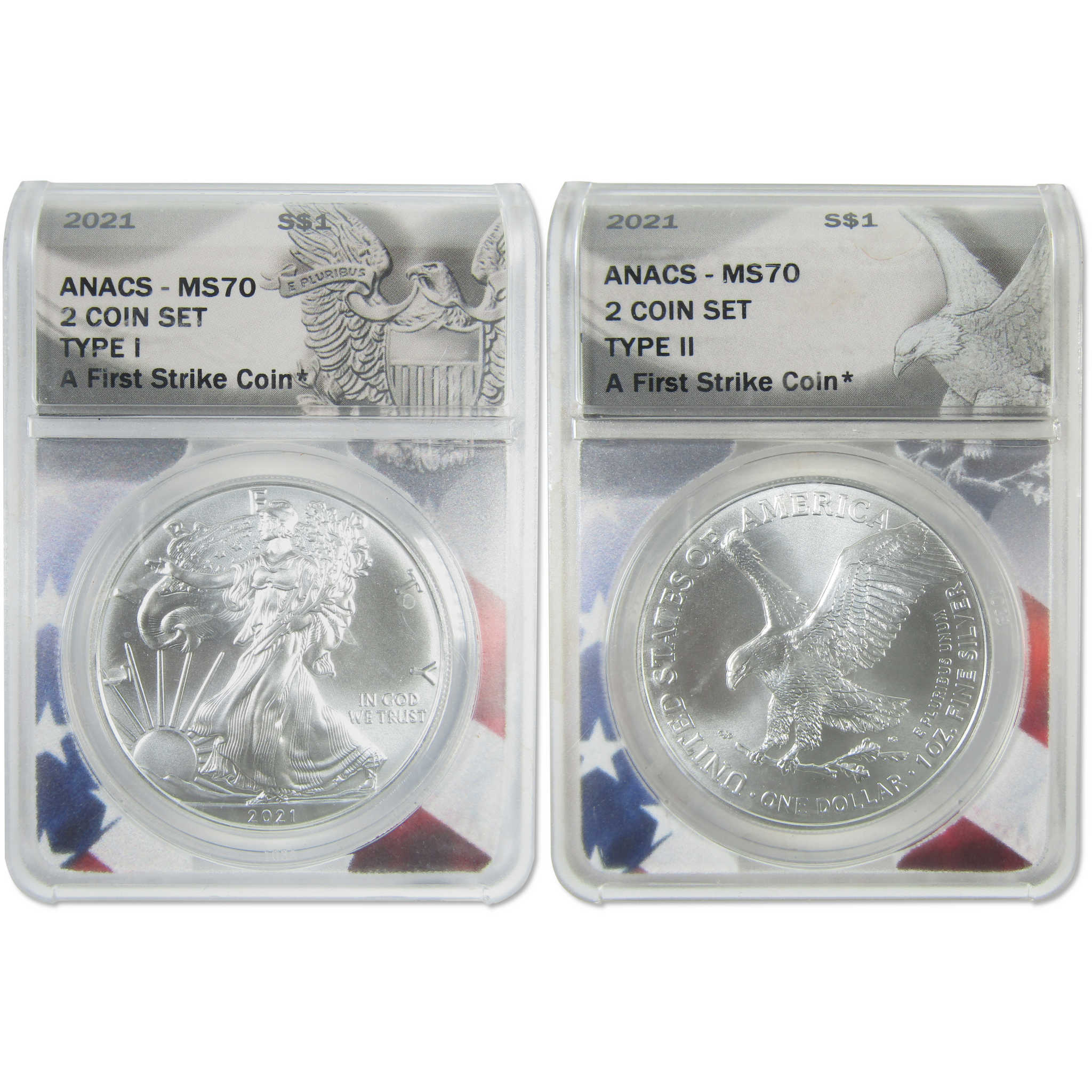 2021 Type 1&2 American Silver Eagle 2 Coin Set MS 70 ANACS SKU:CPC9635