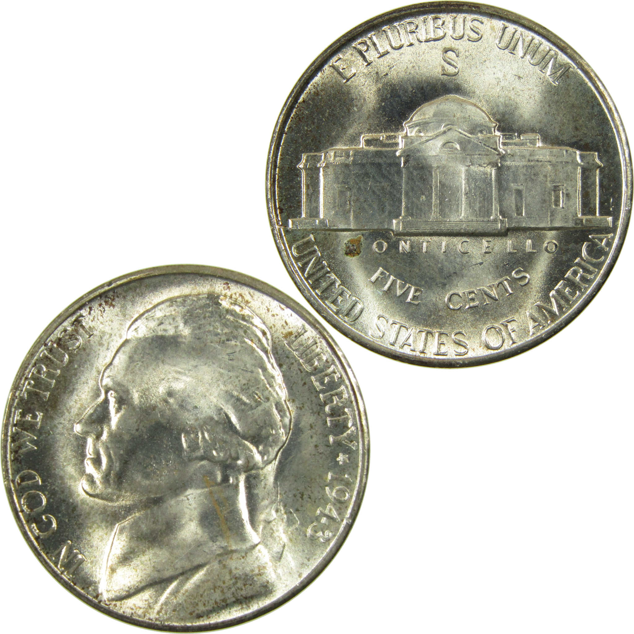 1943 S Jefferson Wartime Silver Nickel Uncirculated 5c Coin SKU:I28321