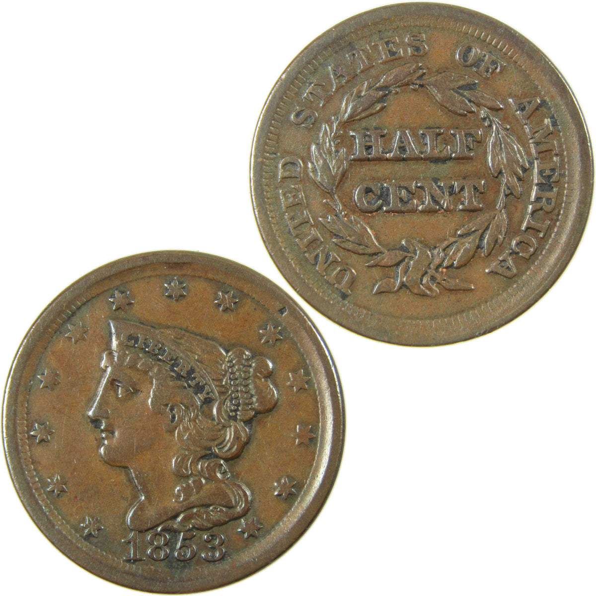 1853 Braided Hair Copper Half Cent VF Very Fine 1/2c Coin Collectible