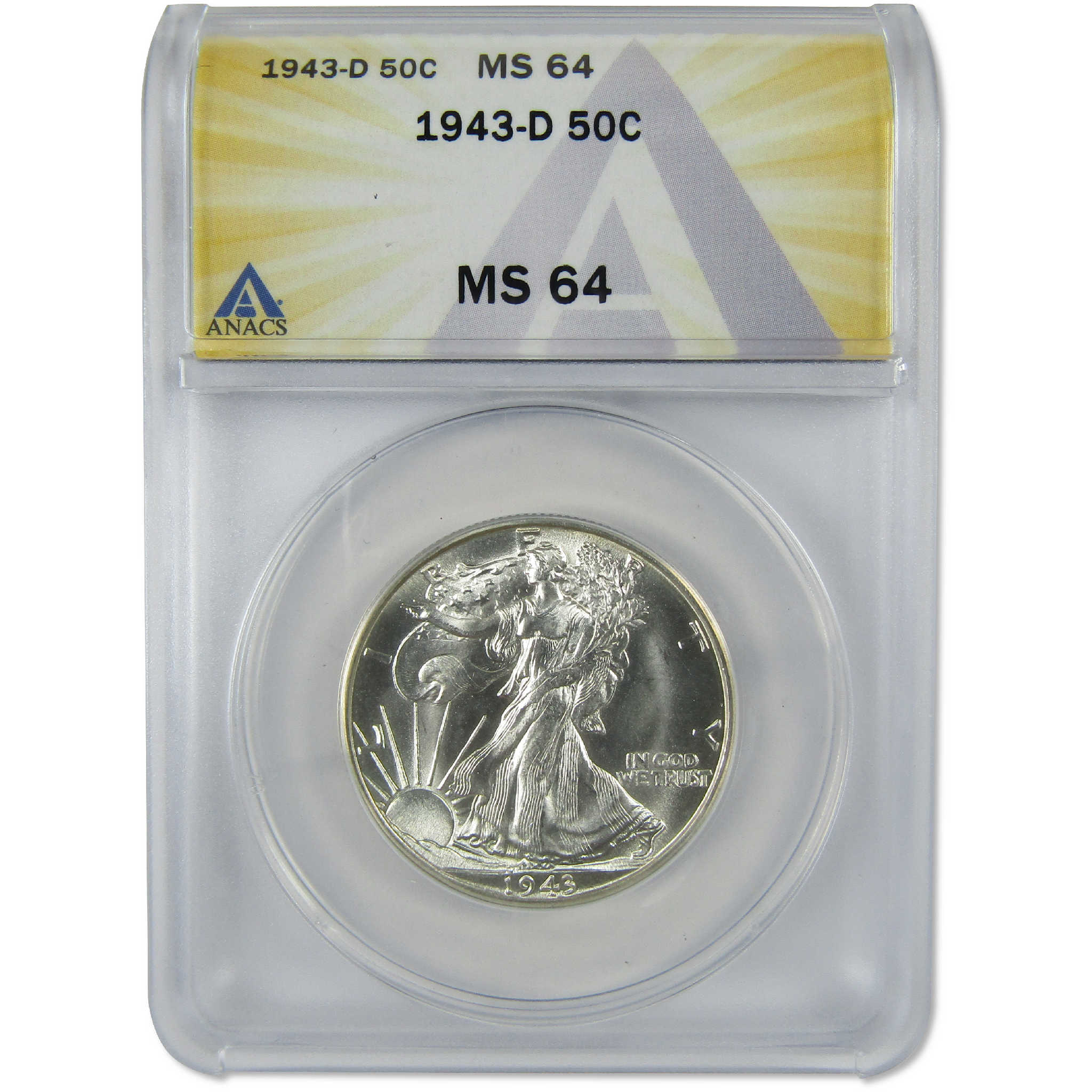 1943 D Liberty Walking Silver Half Dollar MS 64 ANACS Uncirculated