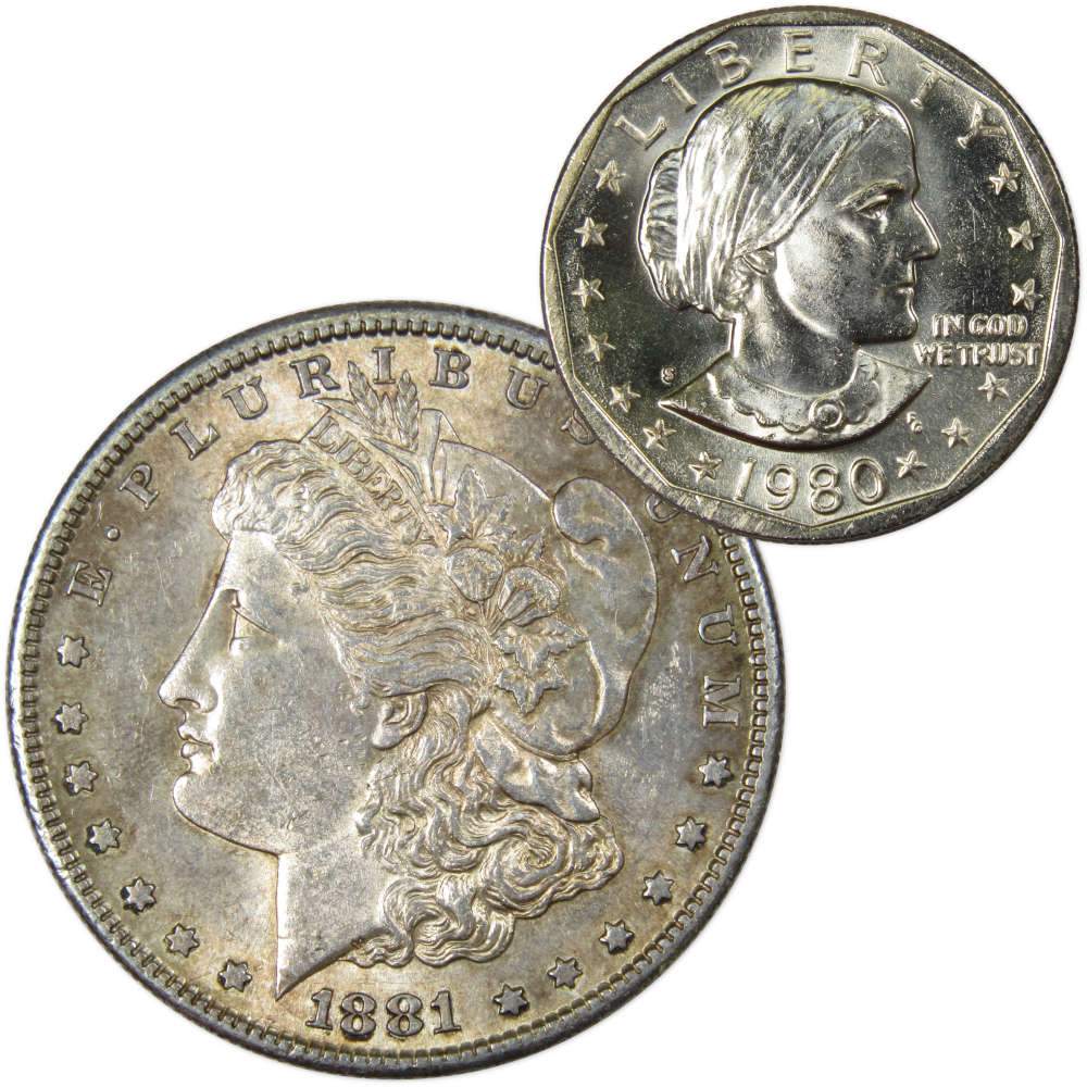 1881 S Morgan Silver Dollar AU About Uncirculated with 1980 SBA $1 Unc - Morgan coin - Morgan silver dollar - Morgan silver dollar for sale - Profile Coins &amp; Collectibles