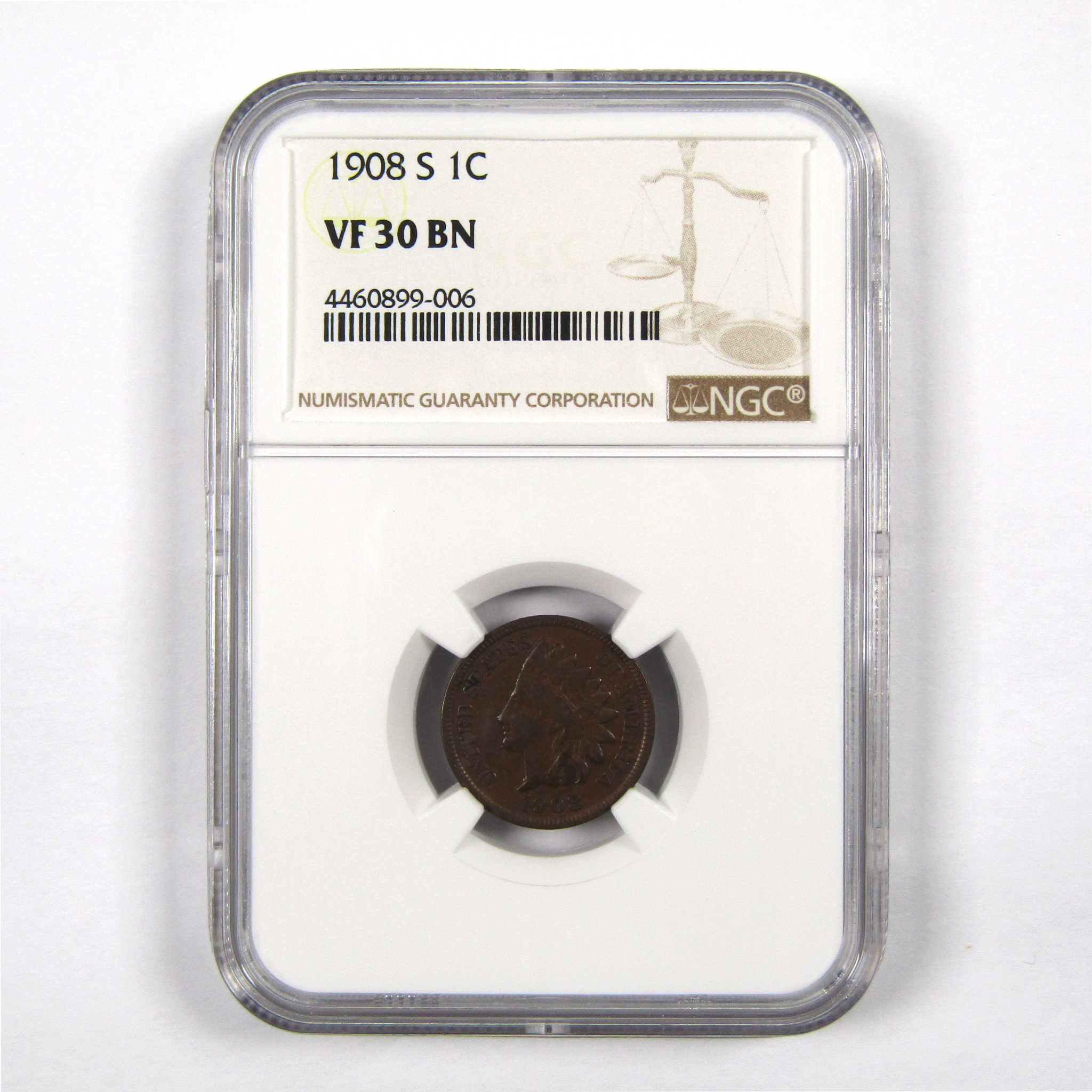 1908 S Indian Head Cent VF 30 BN NGC Penny 1c Coin SKU:I9191