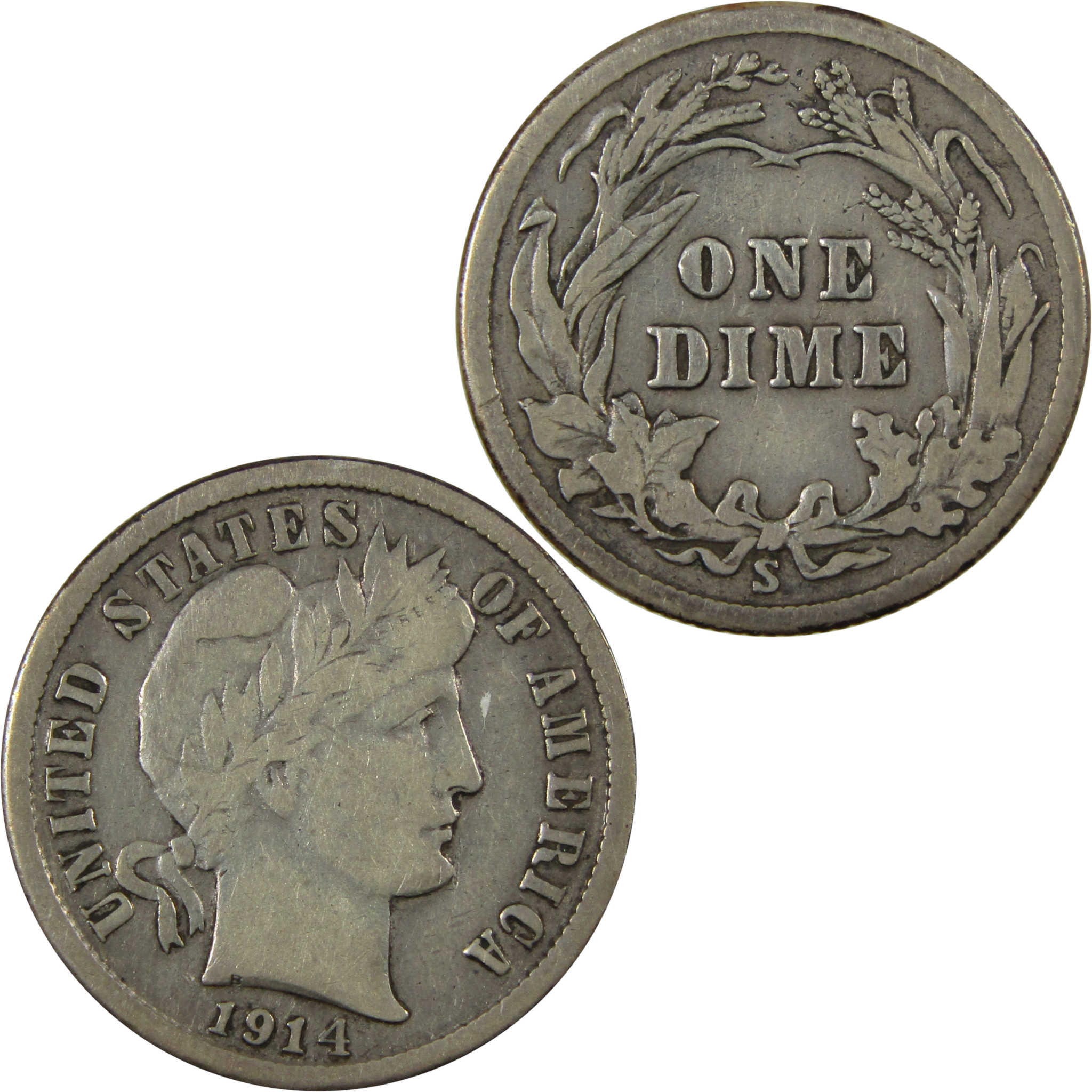 1914 S Barber Silver Dime F Fine Details 10c Coin SKU:CP1344