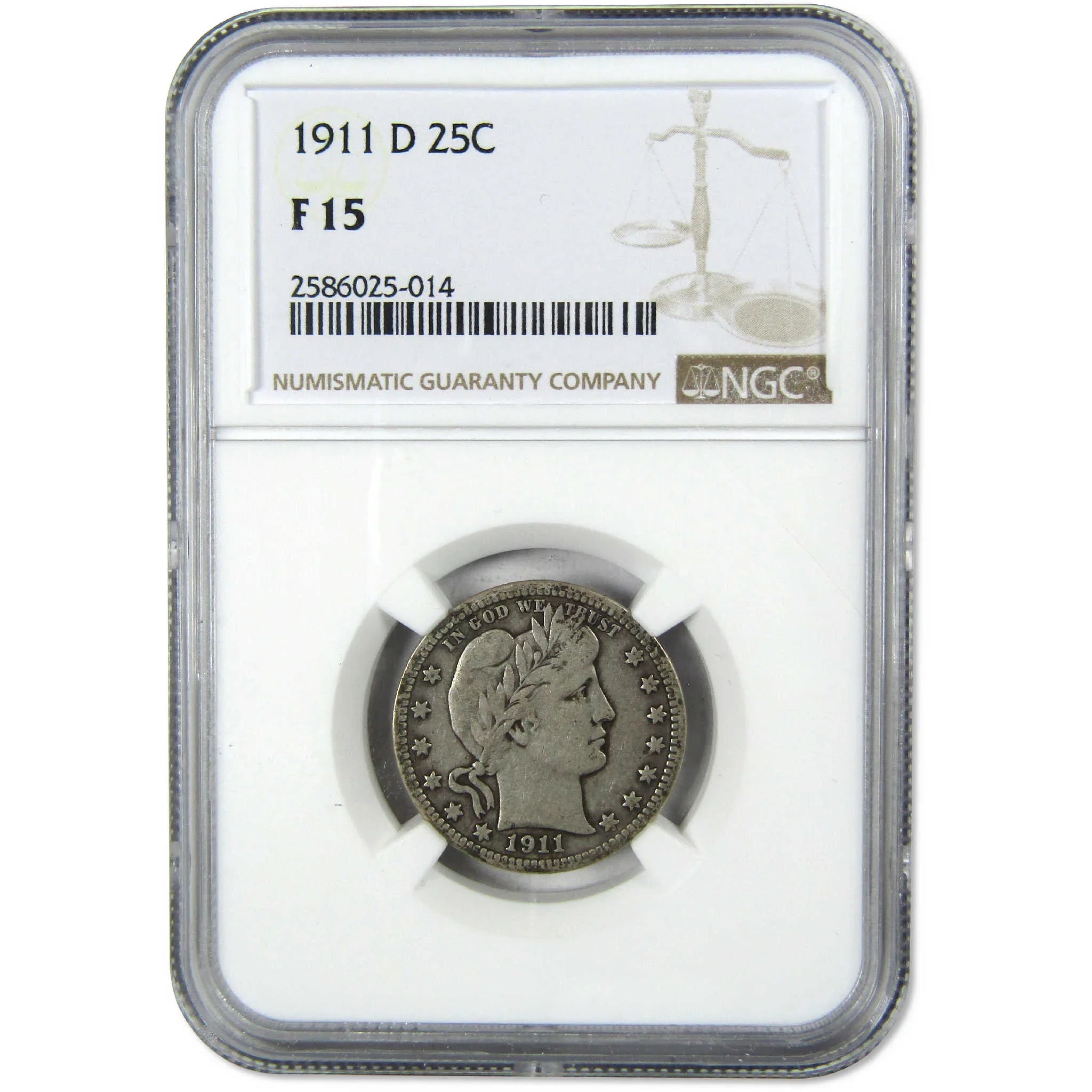 1911 D Barber Silver Quarter F 15 NGC 25c Coin Collectible
