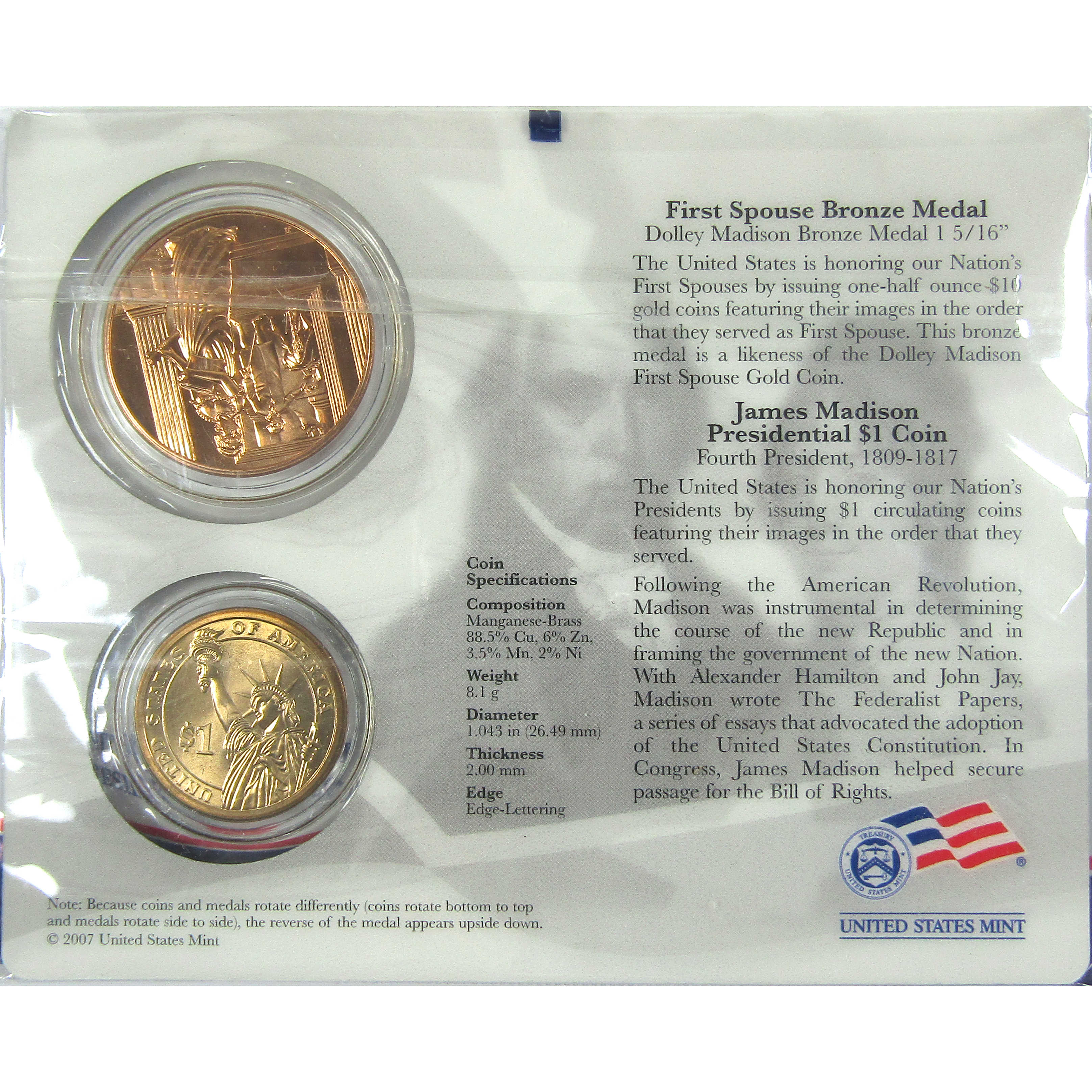 2007 James Madison First Spouse 2 Piece Set Unc SKU:CPC8972