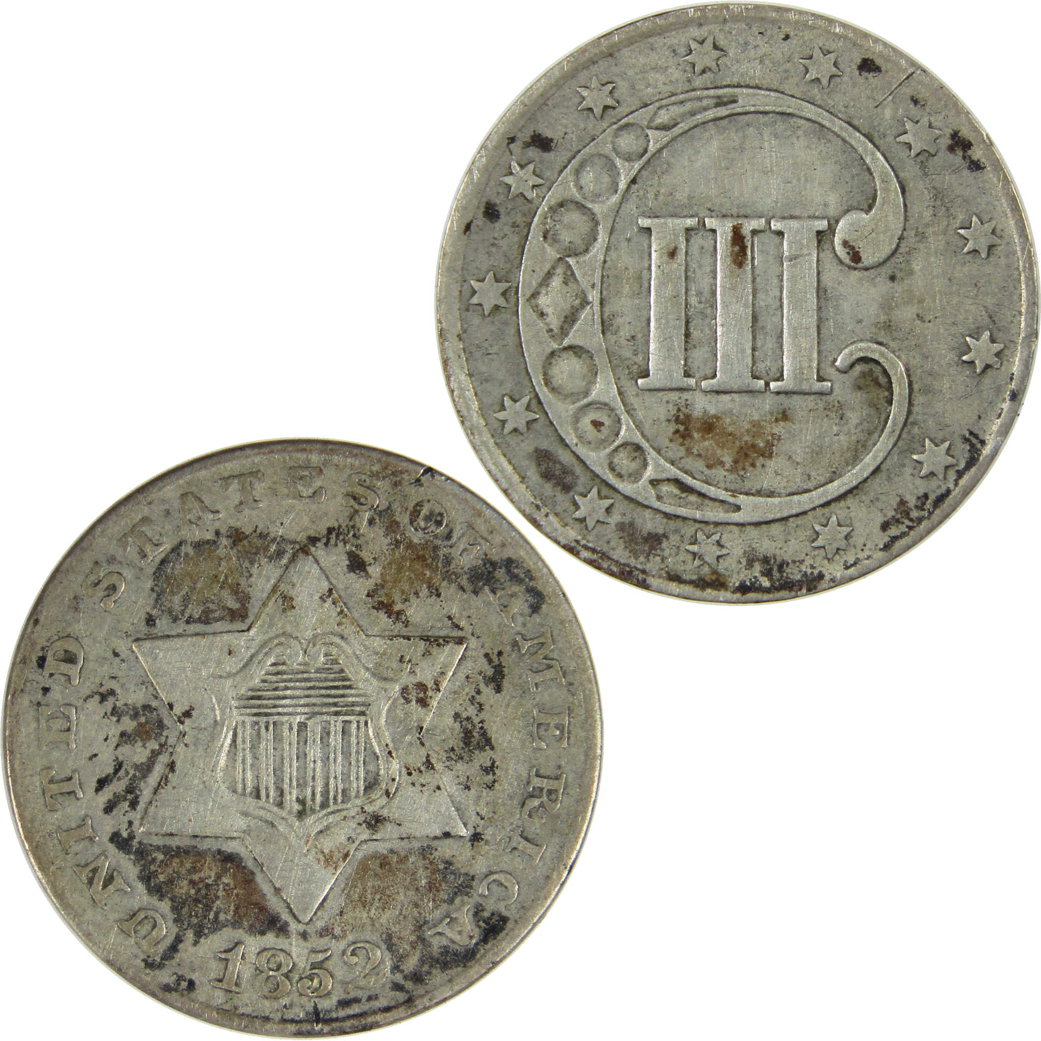 1852年 アメリカ 3セント銀貨 1852 Silver Three Cent Piece VF Very Fine Trime 3c Coin Collectible
