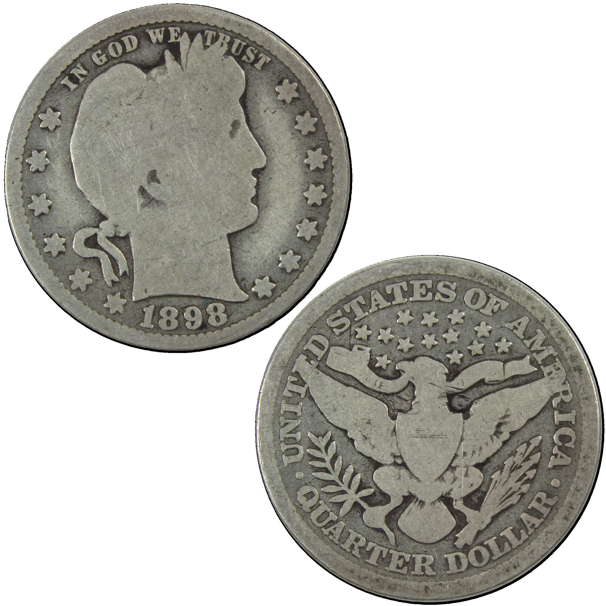1898 Barber Quarter G Good Silver 25c Coin SKU:I12713