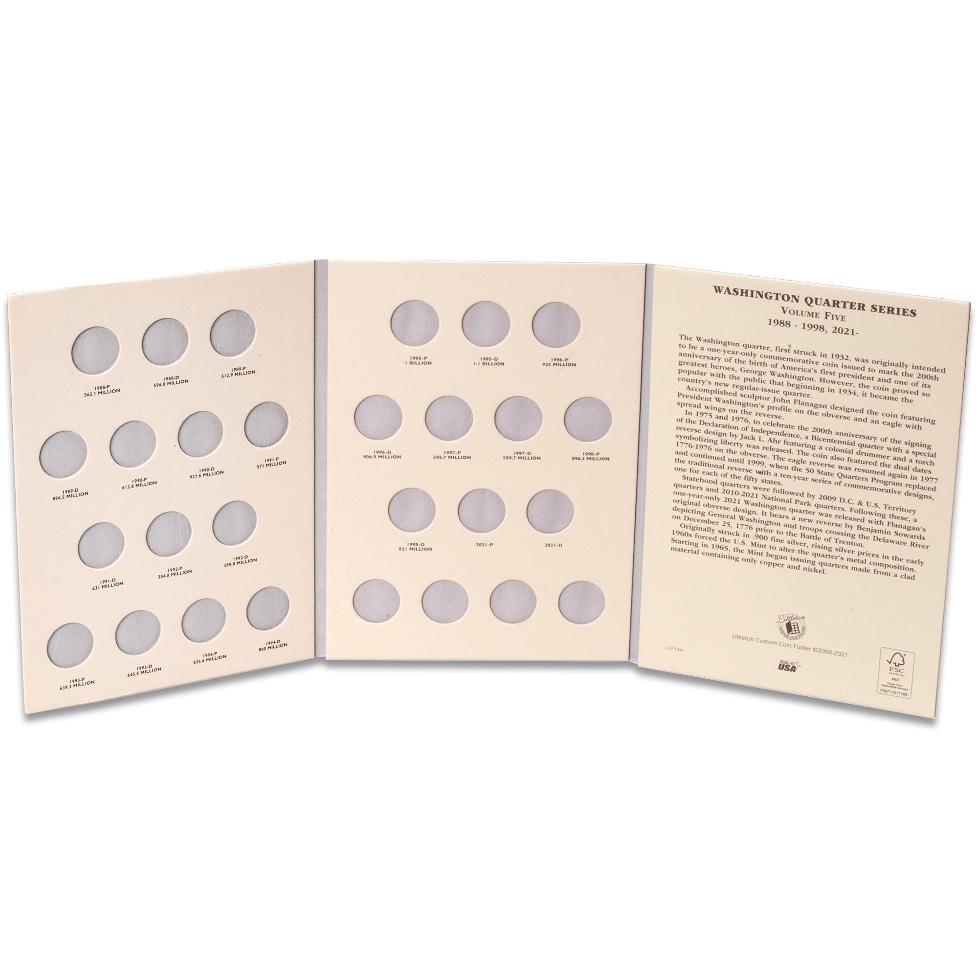 1988-1998 & 2021 Washington Quarter Folder Volume 5 Littleton Coin