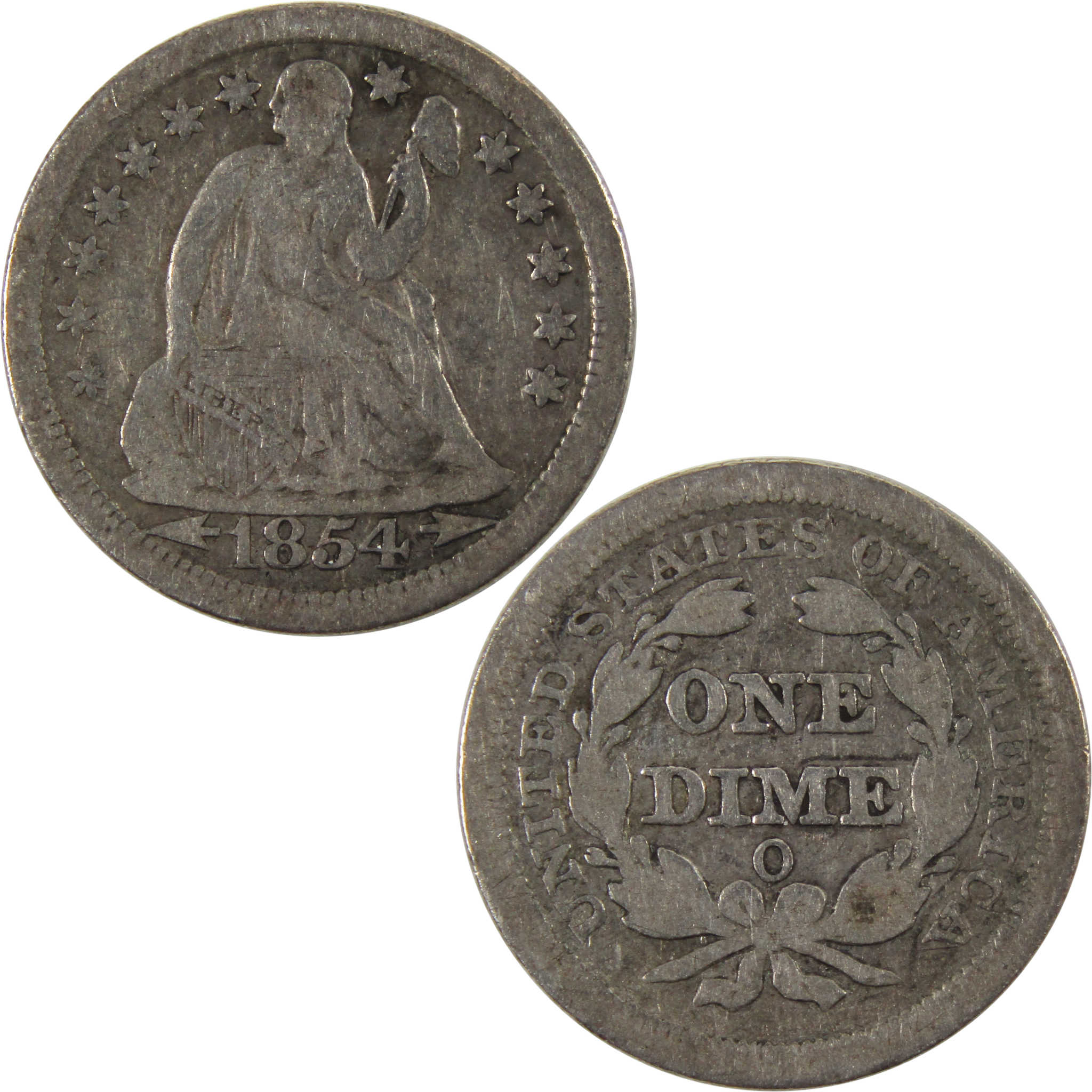 1854 O Seated Liberty Dime F Fine 90% Silver 10c Coin SKU:I10101