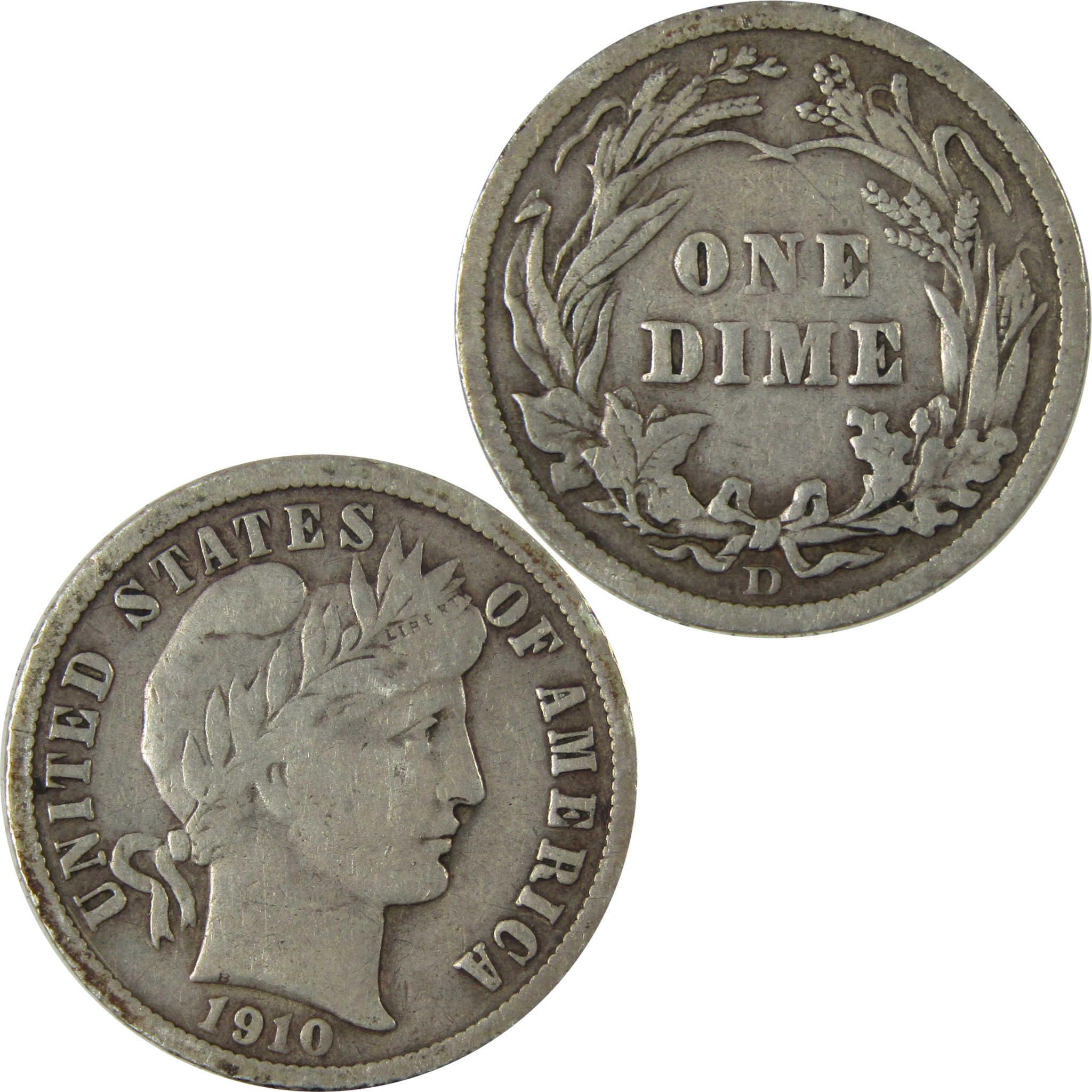 1910 D Barber Silver Dime F Fine Details 10c Coin SKU:CP1008