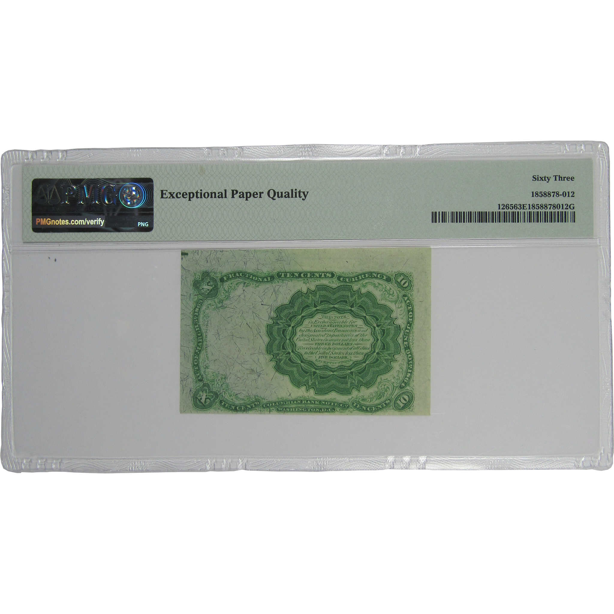 10c Fractional Note Fifth Issue Fr 1265 Choice Uncirculated 63 EPQ PMG