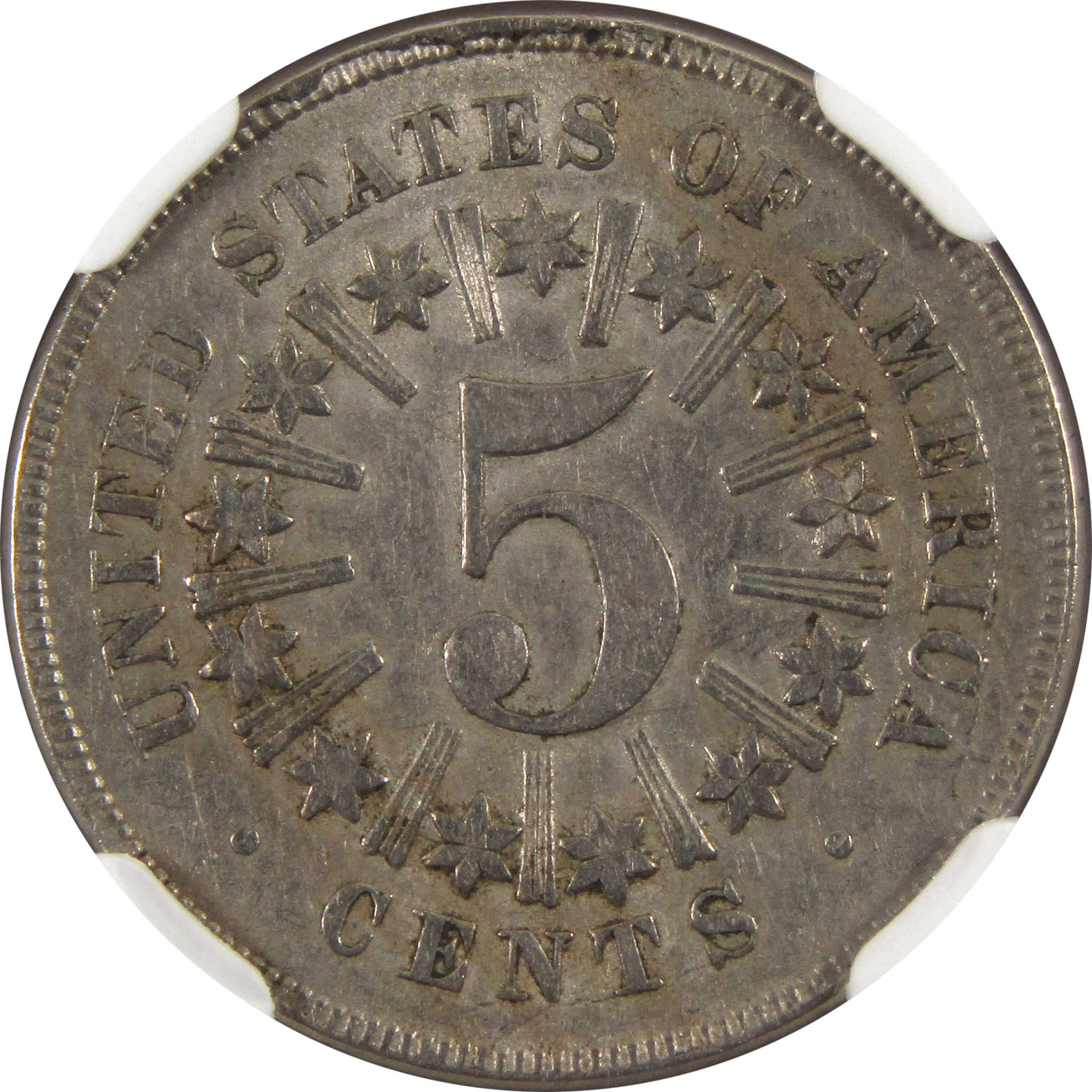1866 Rays Shield Nickel AU 58 NGC 5c Coin SKU:I9142