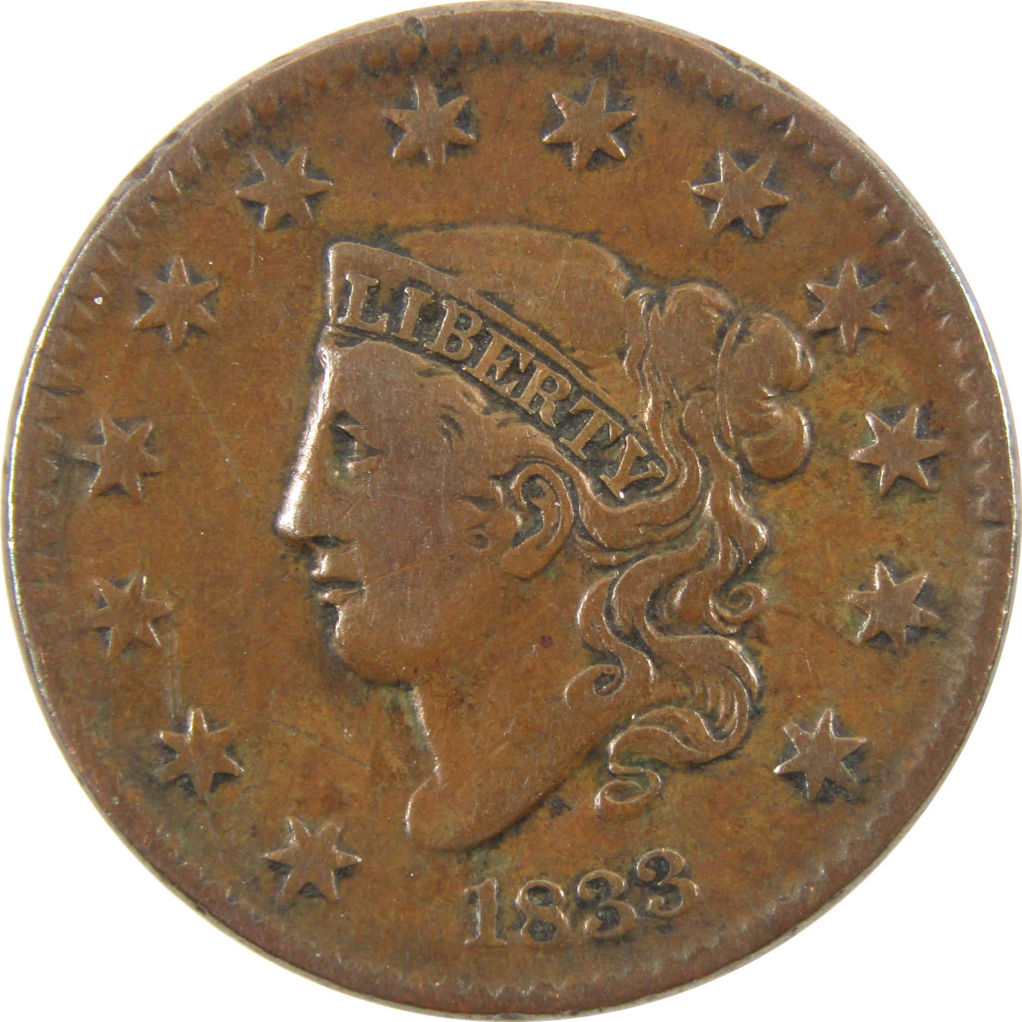 1833 Coronet Head Large Cent F Fine Copper Penny 1c Coin SKU:I10998