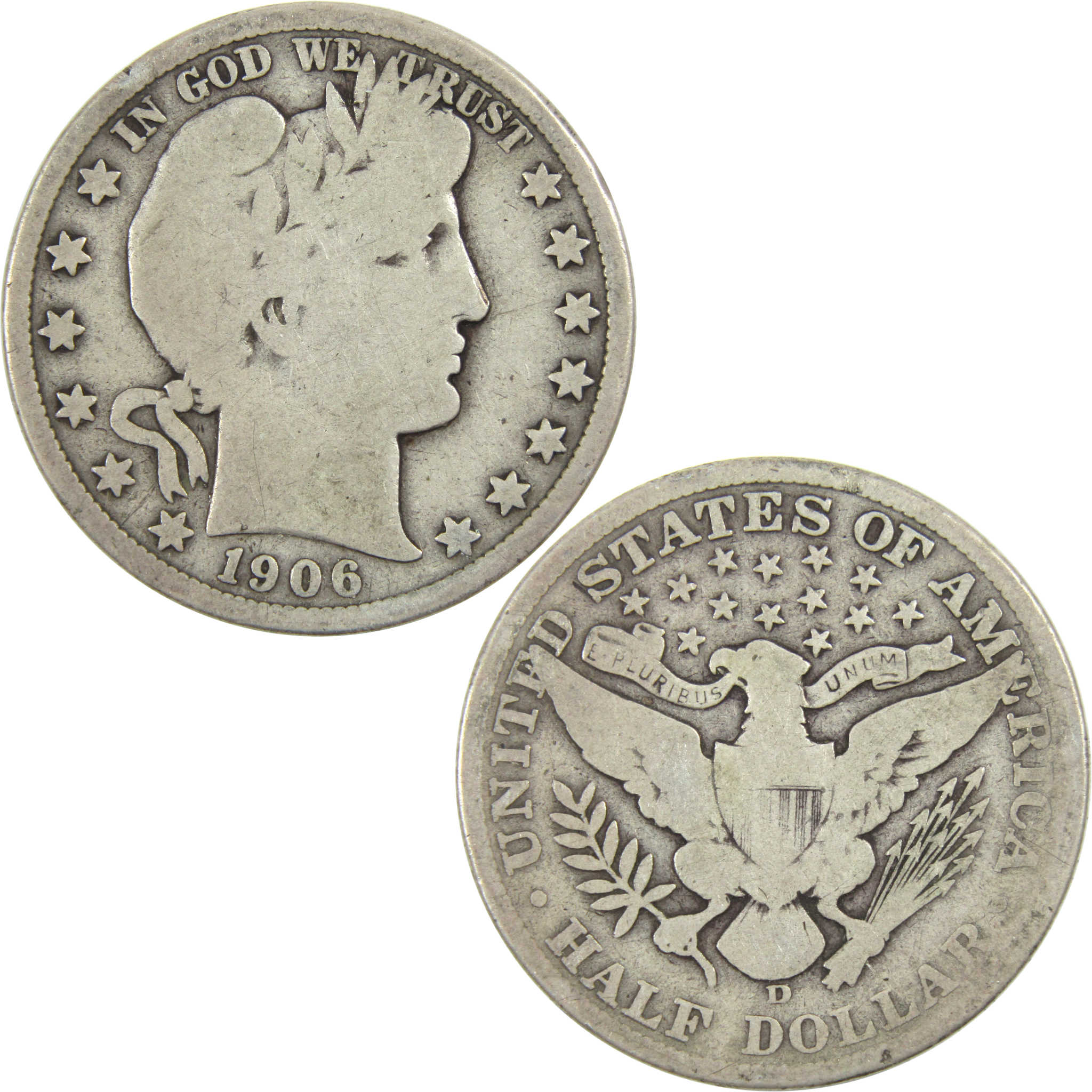 1906 D Barber Half Dollar G Good Silver 50c Coin SKU:I12810