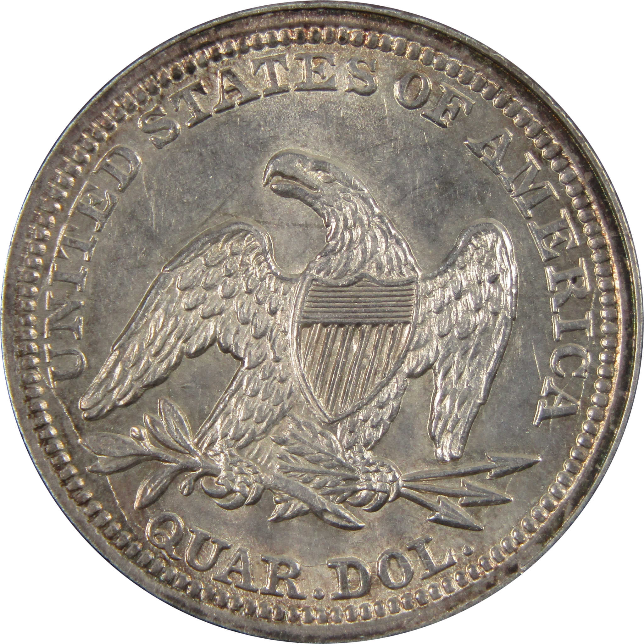 1857 Seated Liberty Quarter Borderline Unc 90% Silver 25c SKU:I7767