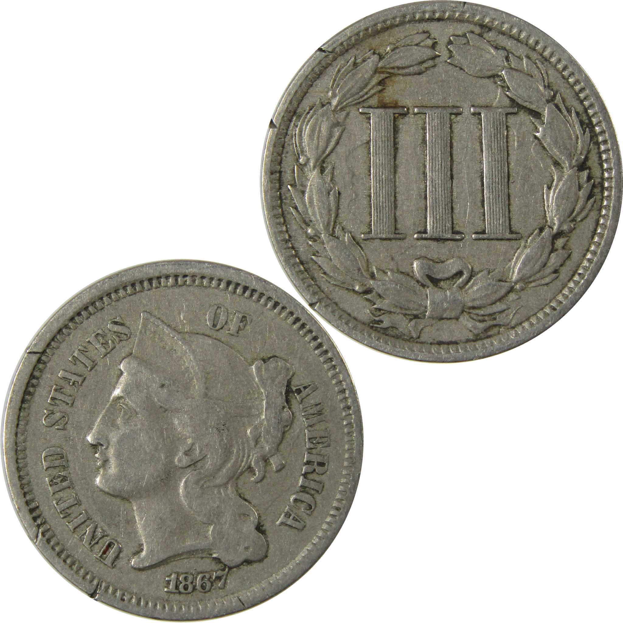 1867 Nickel Three Cent Piece VG Very Good 3c Coin SKU:I28242