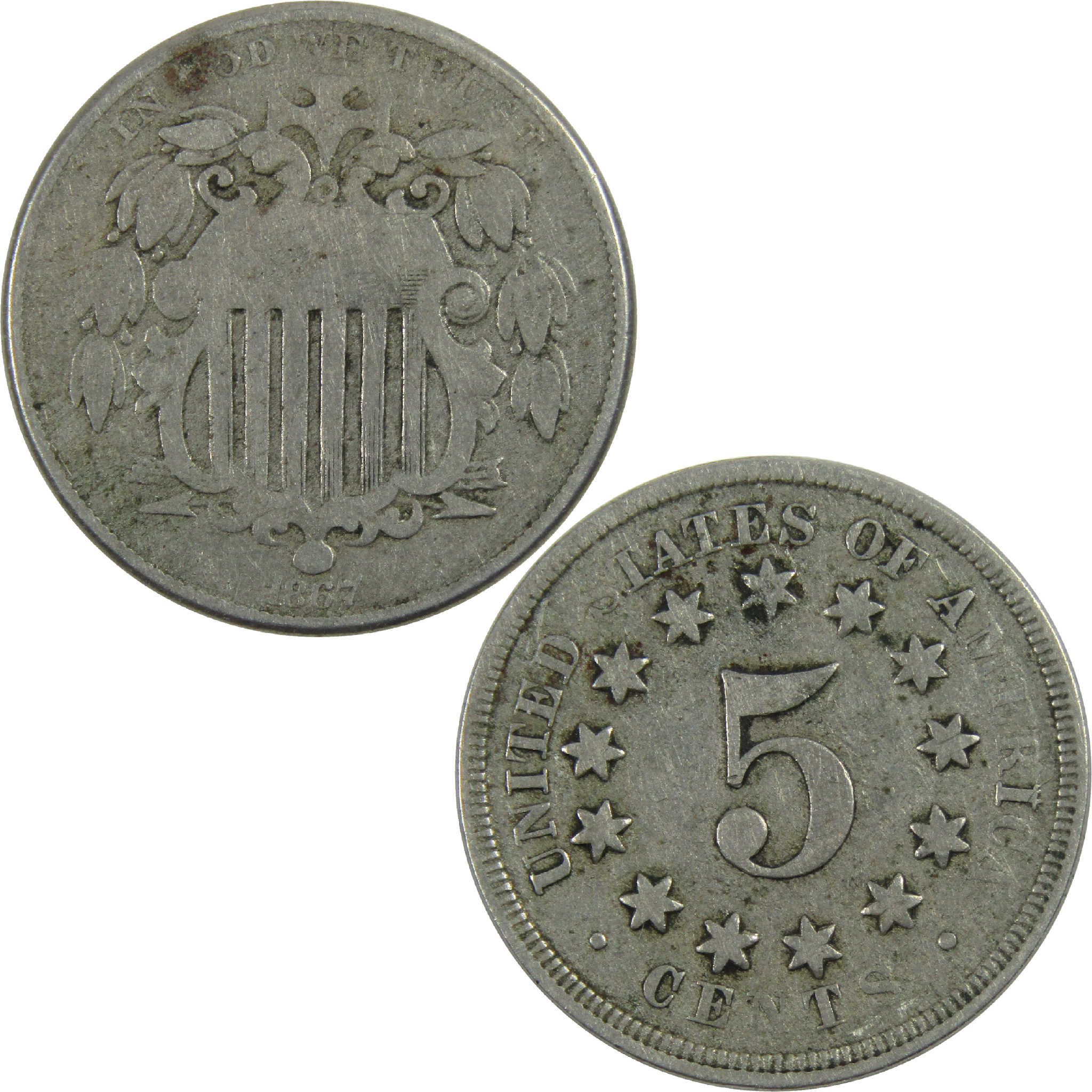 1867 No Rays Shield Nickel VG Very Good Details 5c Coin SKU:I12253