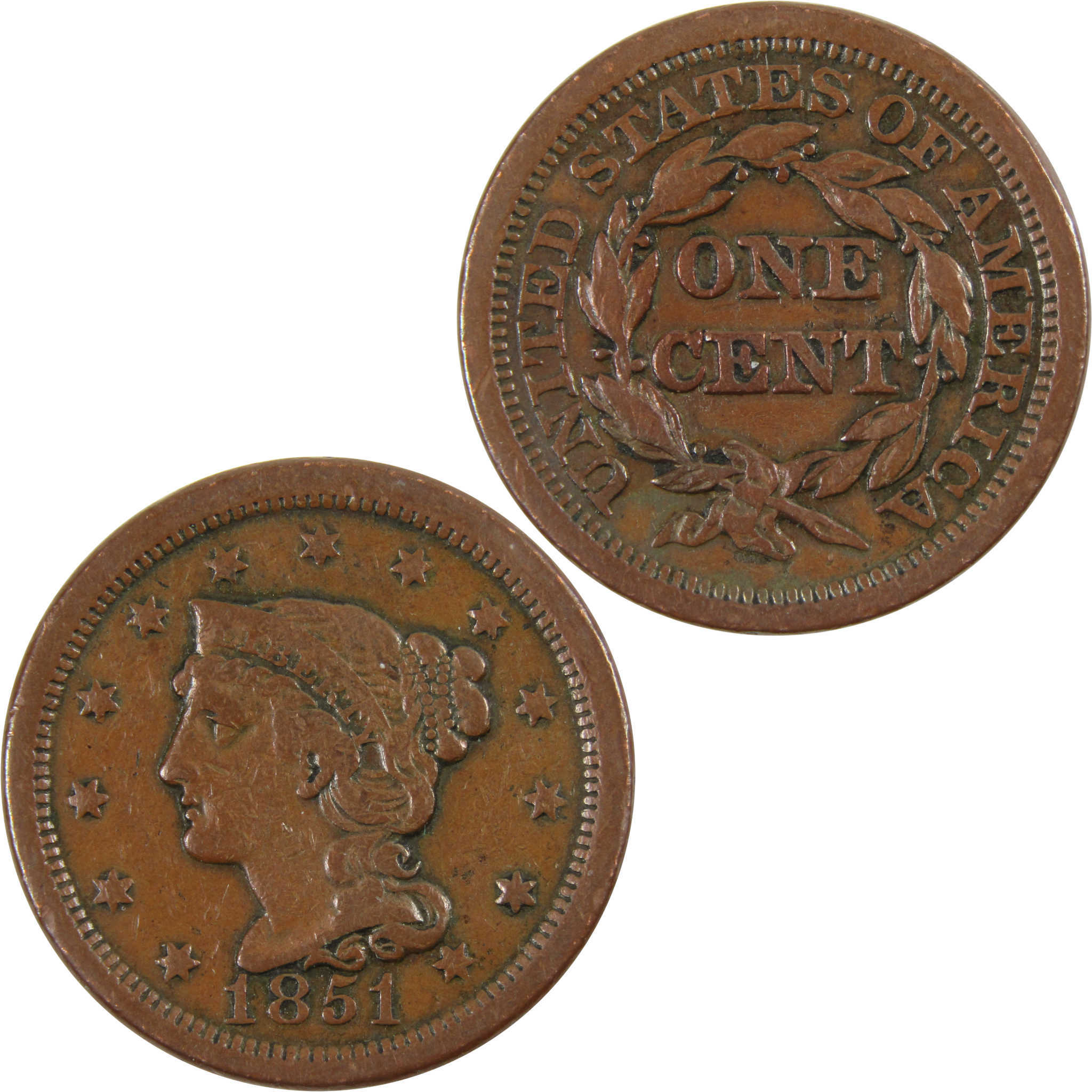 1851 Braided Hair Large Cent F Fine Copper Penny 1c Coin SKU:I8380