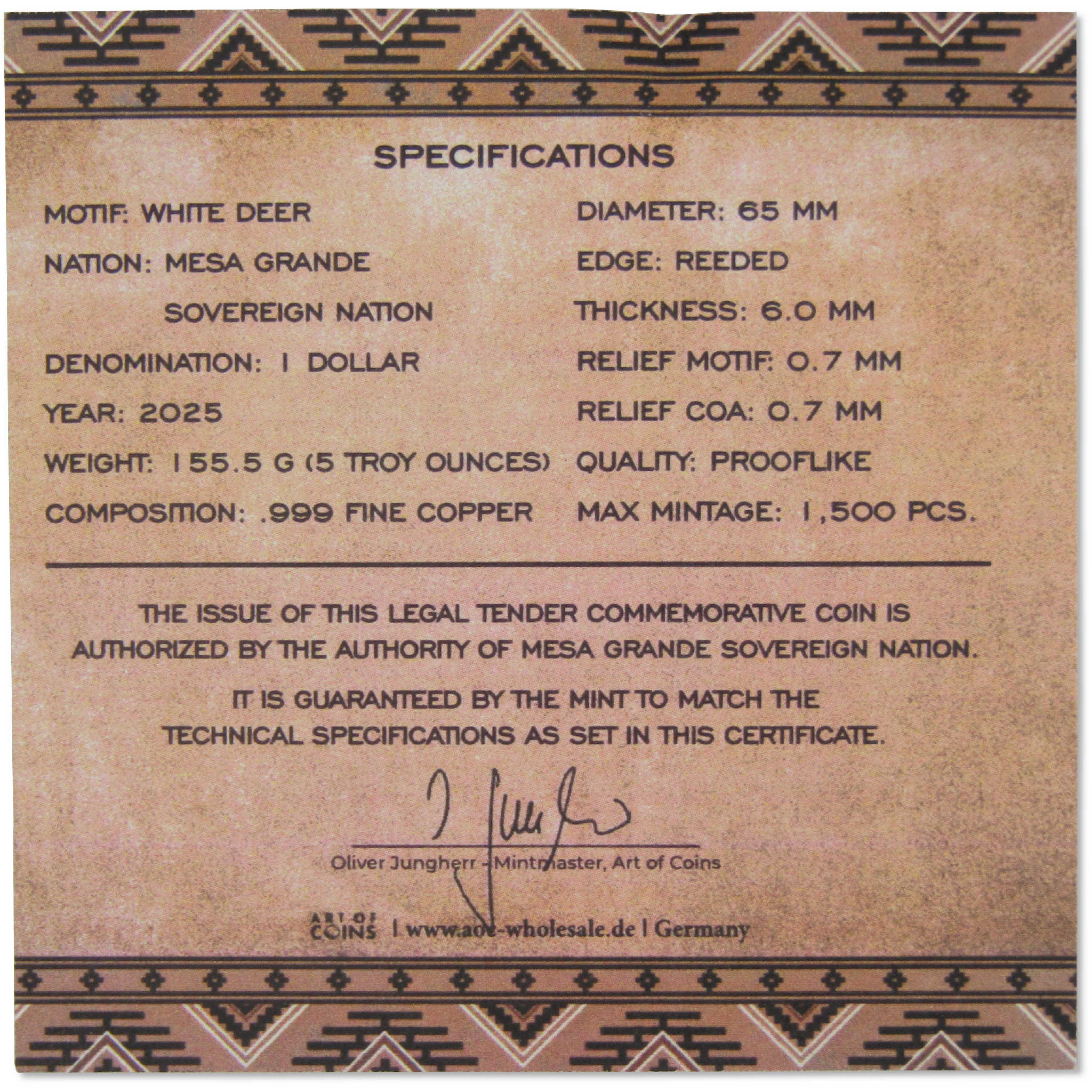 2025 Native American Mesa Grande White Deer 5 oz Copper $1 Coin