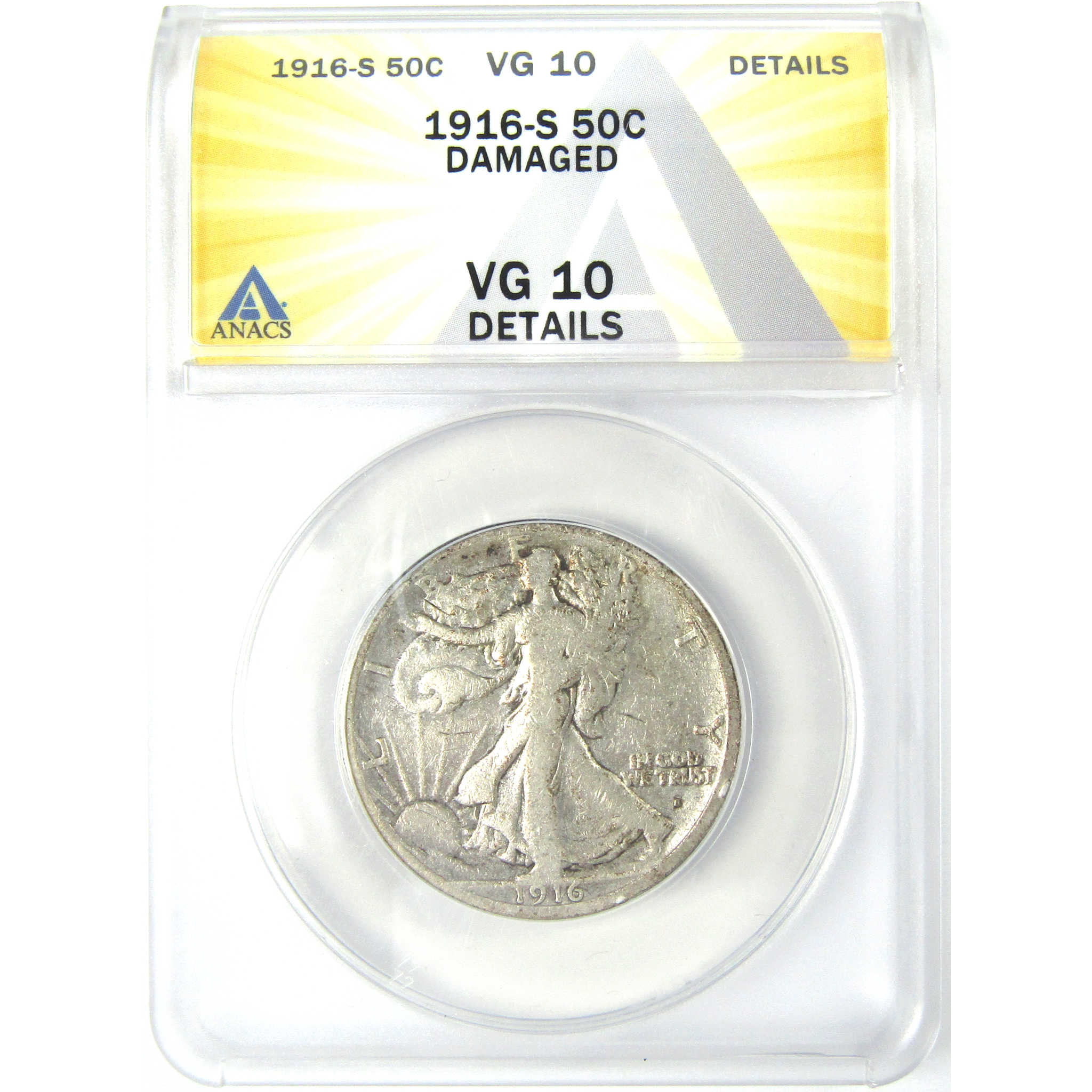 1916 S Liberty Walking Half Dollar VG 10 Details ANACS SKU:I16178