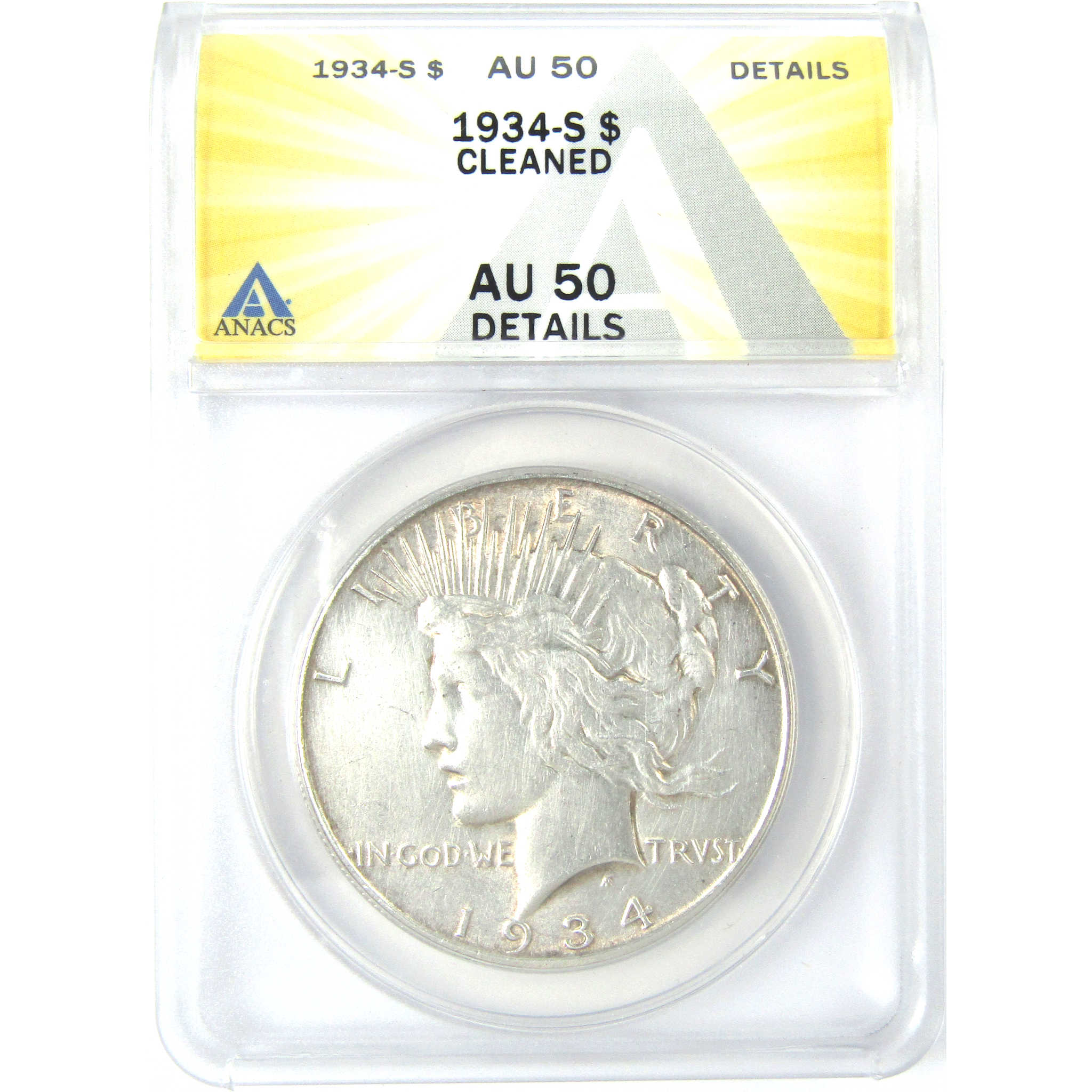 1934 S Peace Dollar AU 50 Details ANACS Silver $1 Coin SKU:I16251