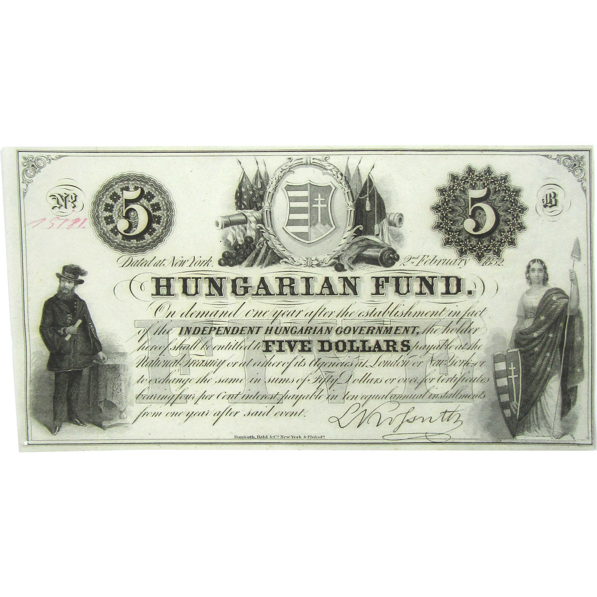 1852 $5 Hungarian Fund Uncirculated Currency