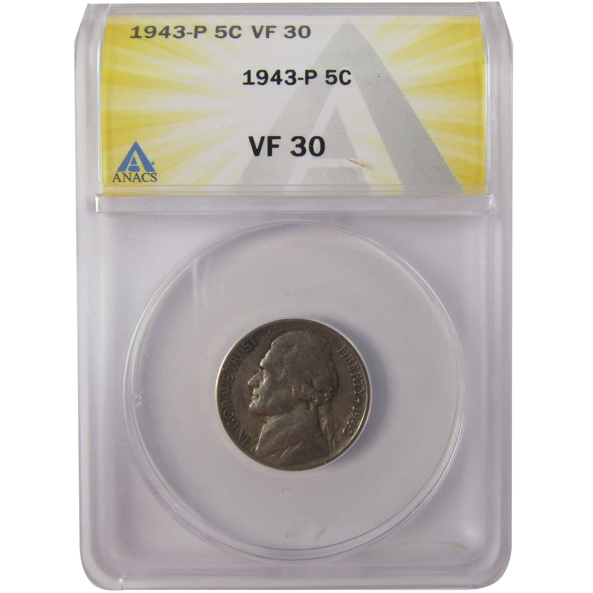 1943 P Jefferson Wartime Silver Nickel VF 30 ANACS 5c Coin SKU:I25629