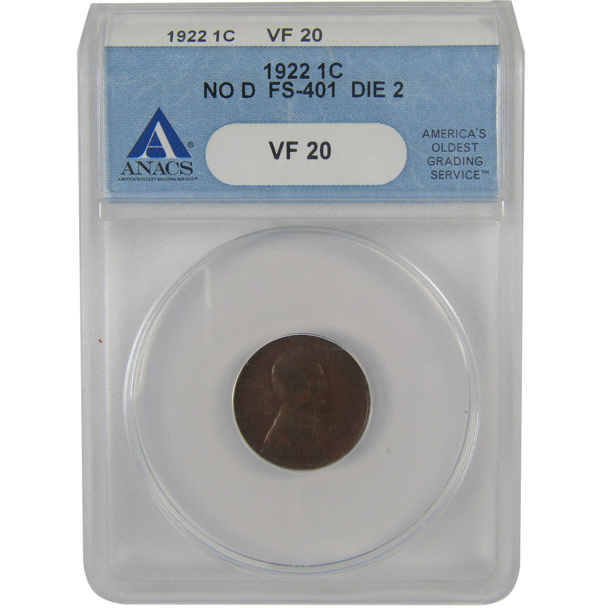 1922 No D FS-401 Die 2 Lincoln Wheat Cent VF 20 ANACS Penny SKU:I23778