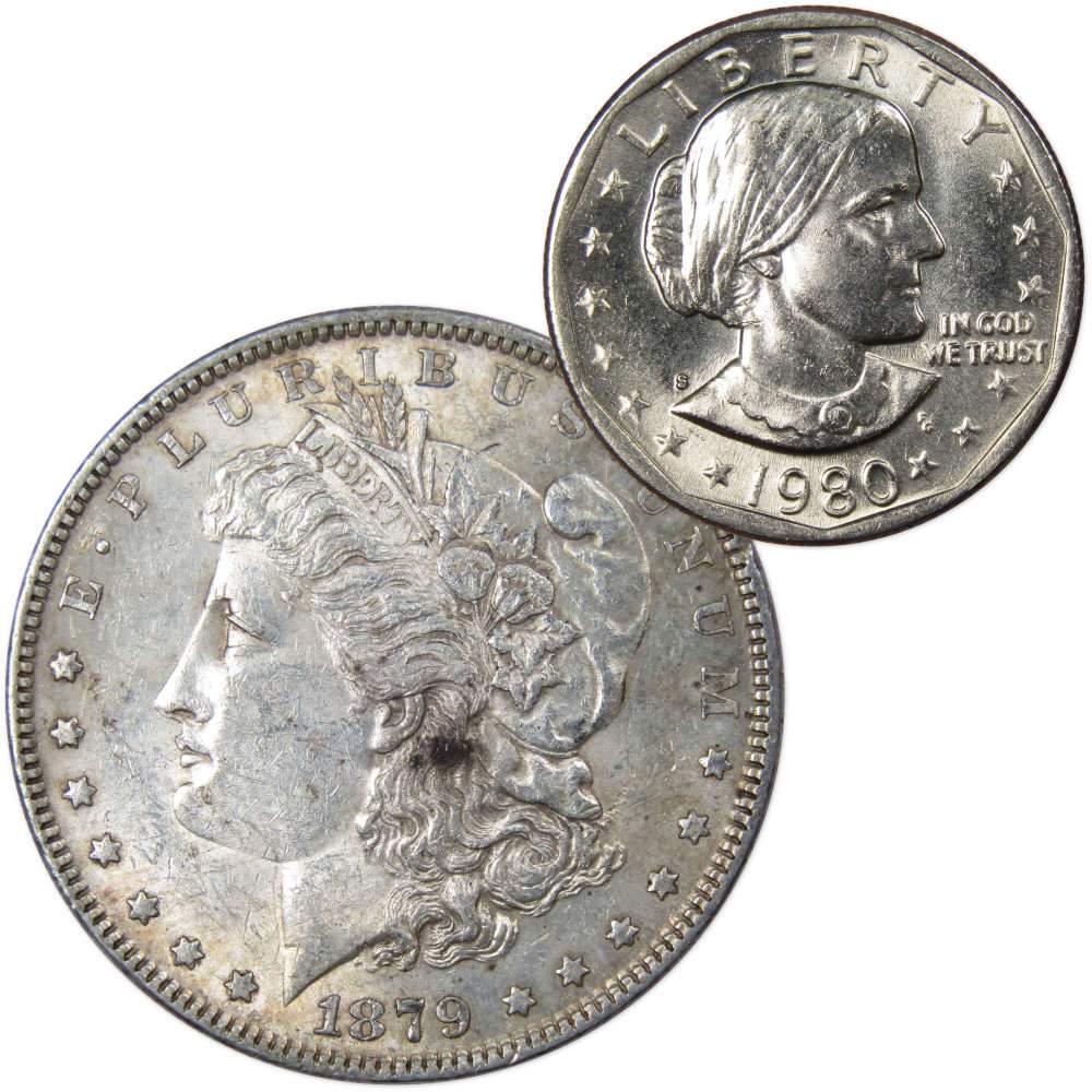 1879 Morgan Silver Dollar AU About Unc with 1980 S SBA Dollar Unc - Morgan coin - Morgan silver dollar - Morgan silver dollar for sale - Profile Coins &amp; Collectibles