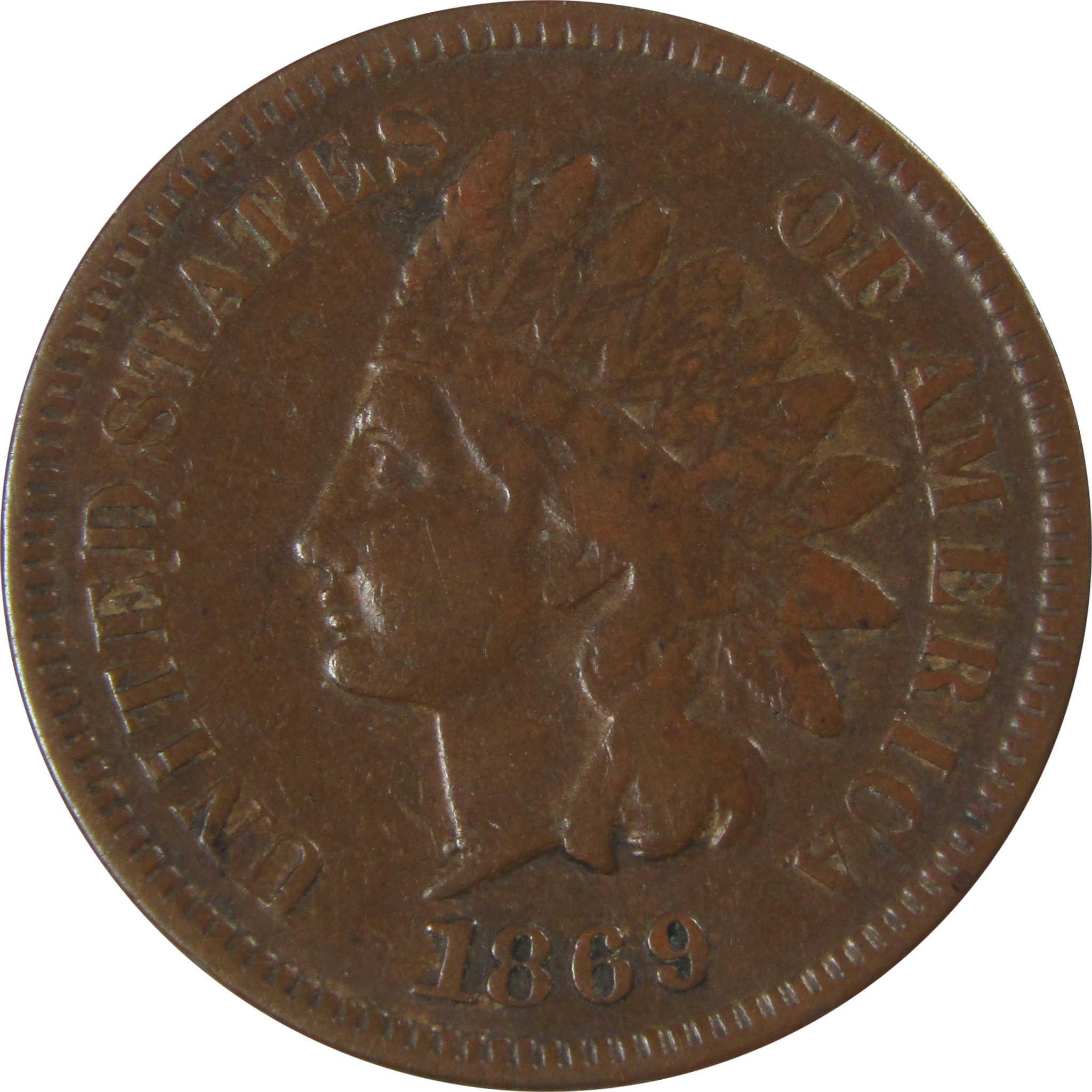 1869 Indian Head Cent F Fine Penny 1c Coin Collectible SKU:I24205