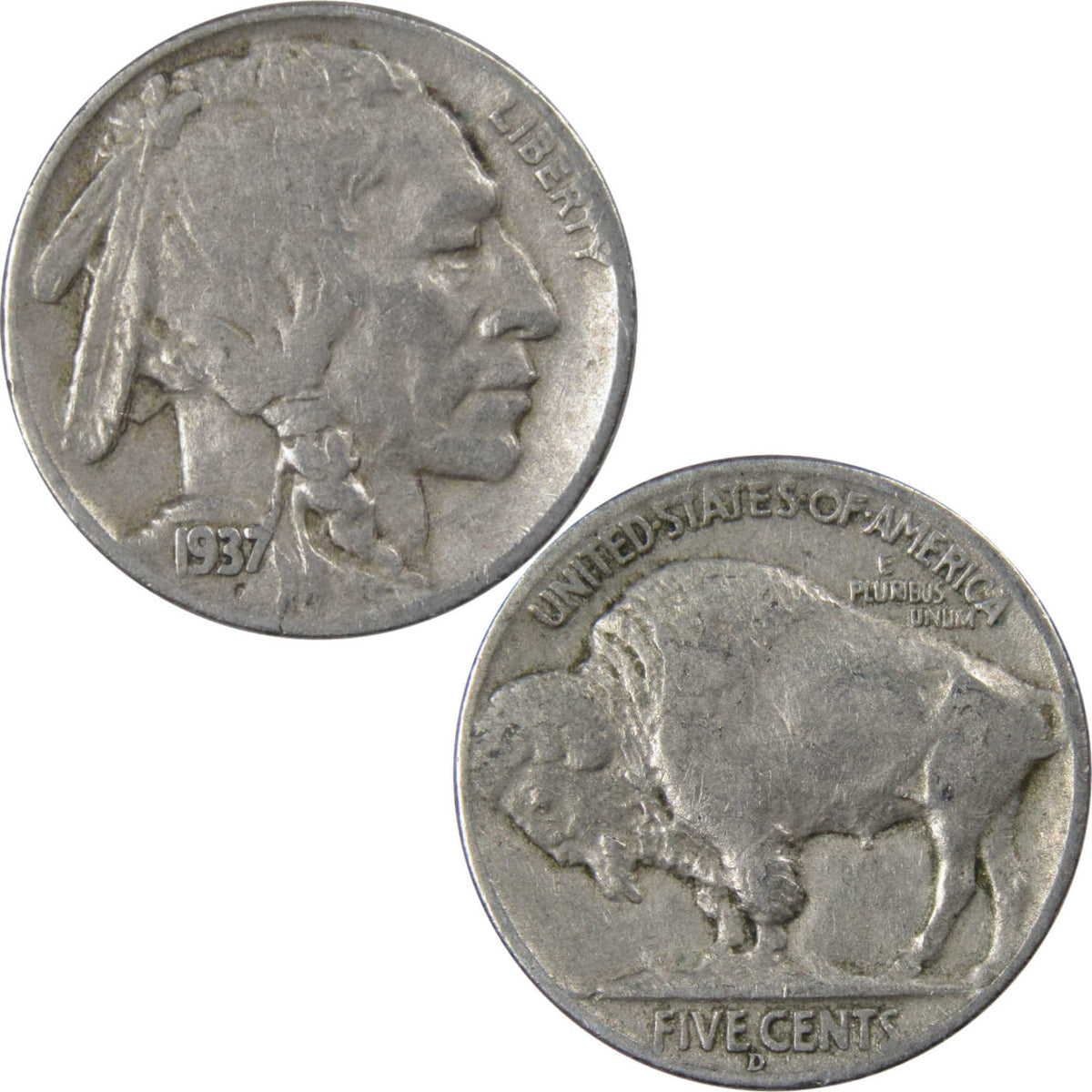 1937 D Indian Head Buffalo Nickel F Fine 5c Coin Collectible