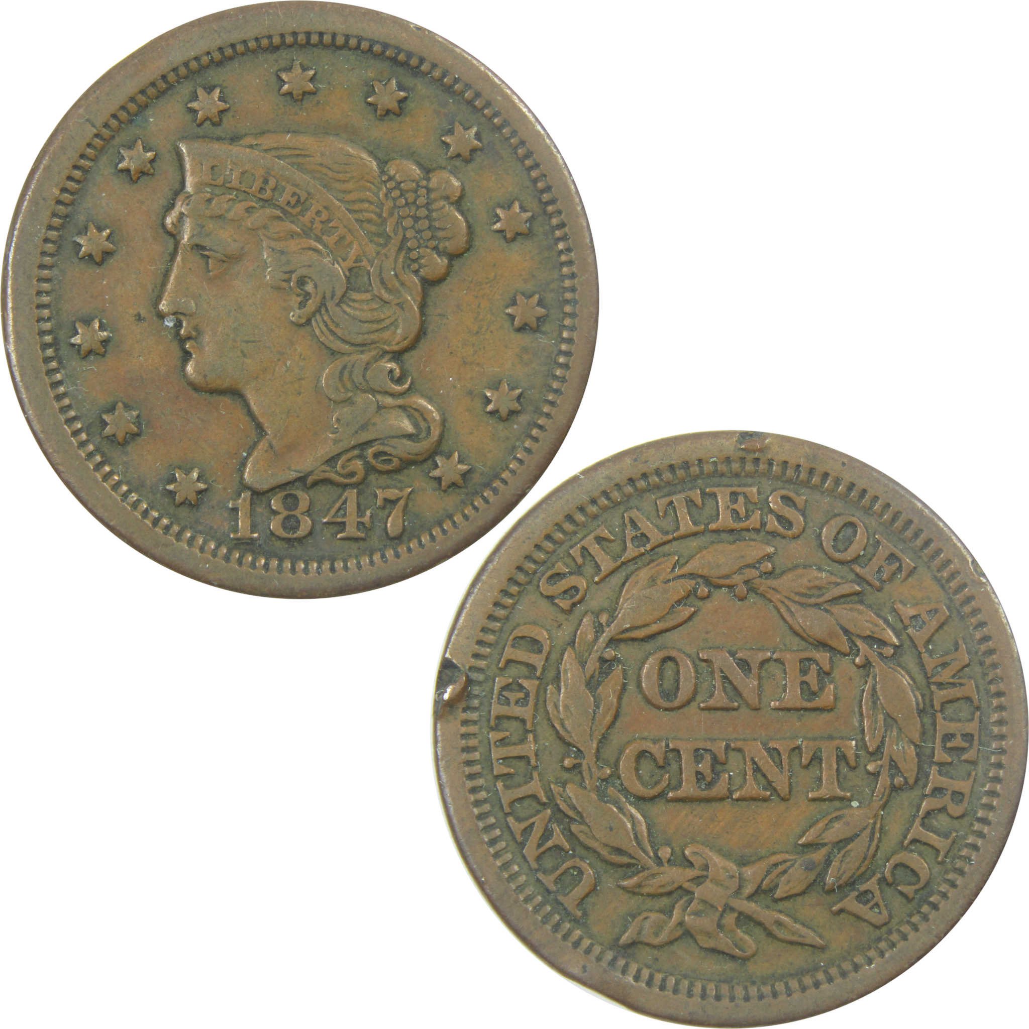 1847 Braided Hair Large Cent VF Very Fine Details Copper SKU:I16592