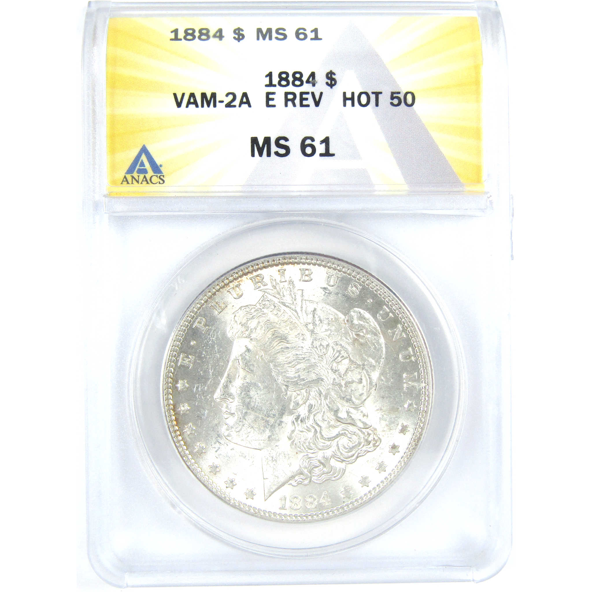 1884 VAM-2A E Rev Hot 50 Morgan Dollar MS 61 ANACS Silver SKU:I16374 - Morgan coin - Morgan silver dollar - Morgan silver dollar for sale - Profile Coins &amp; Collectibles