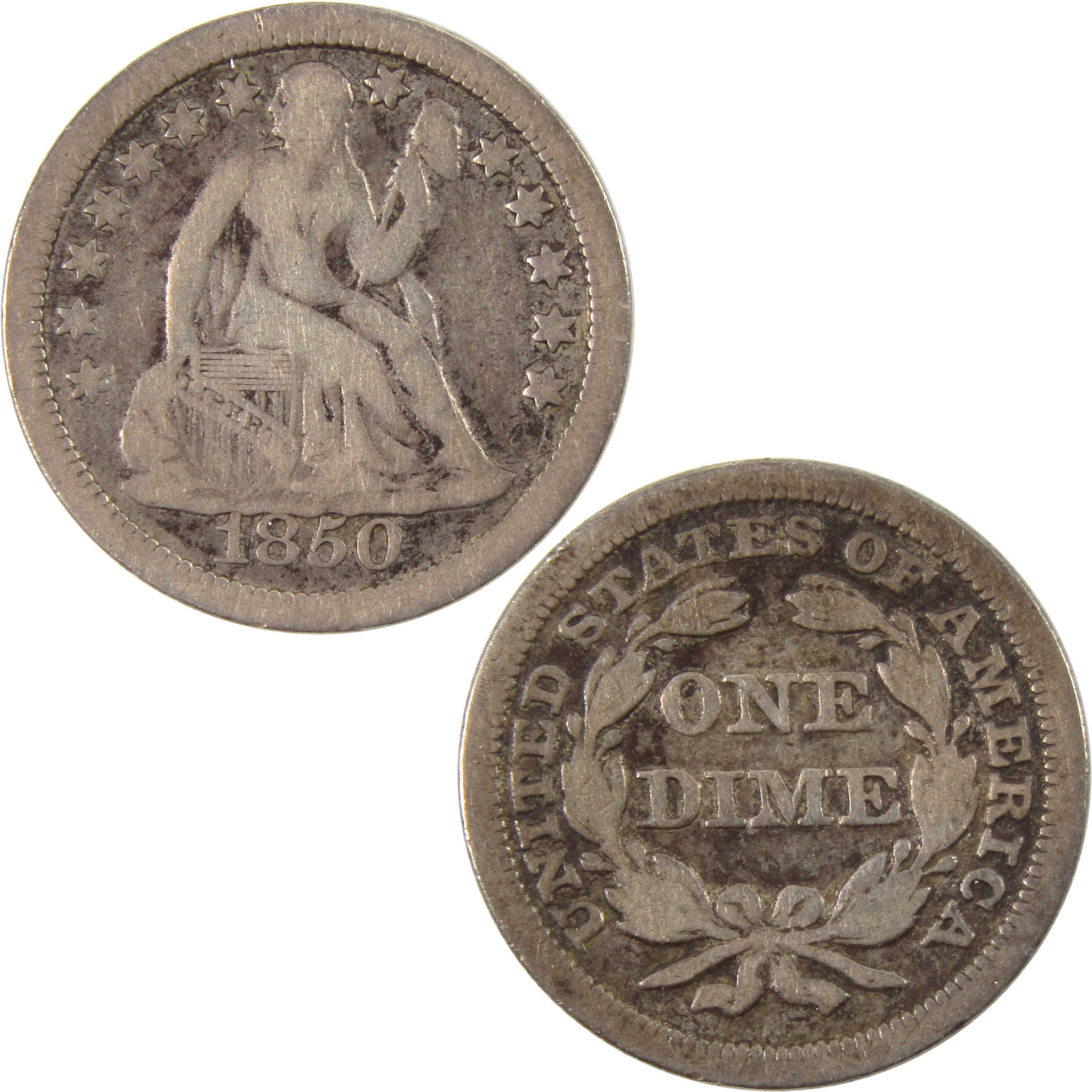 1850 Seated Liberty Dime F Fine 90% Silver 10c Coin SKU:I10149