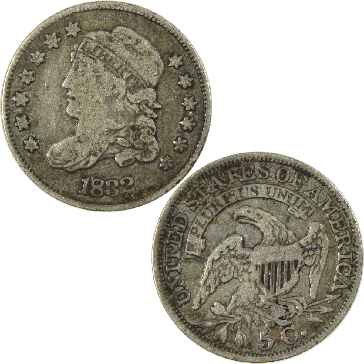 1832 Capped Bust Silver Half Dime F Fine 5c Coin Collectible