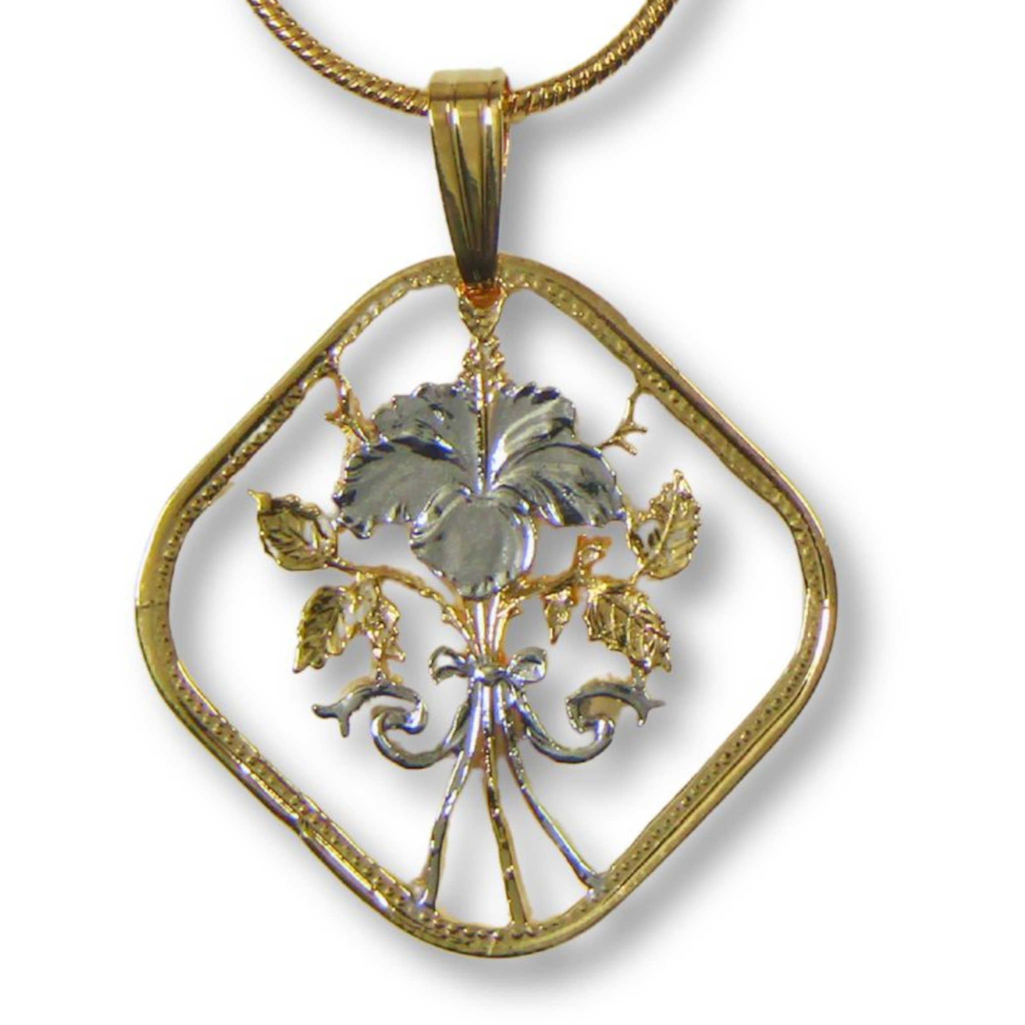 Hibiscus Flower Cut Coin Necklace with Gold-Plated Chain