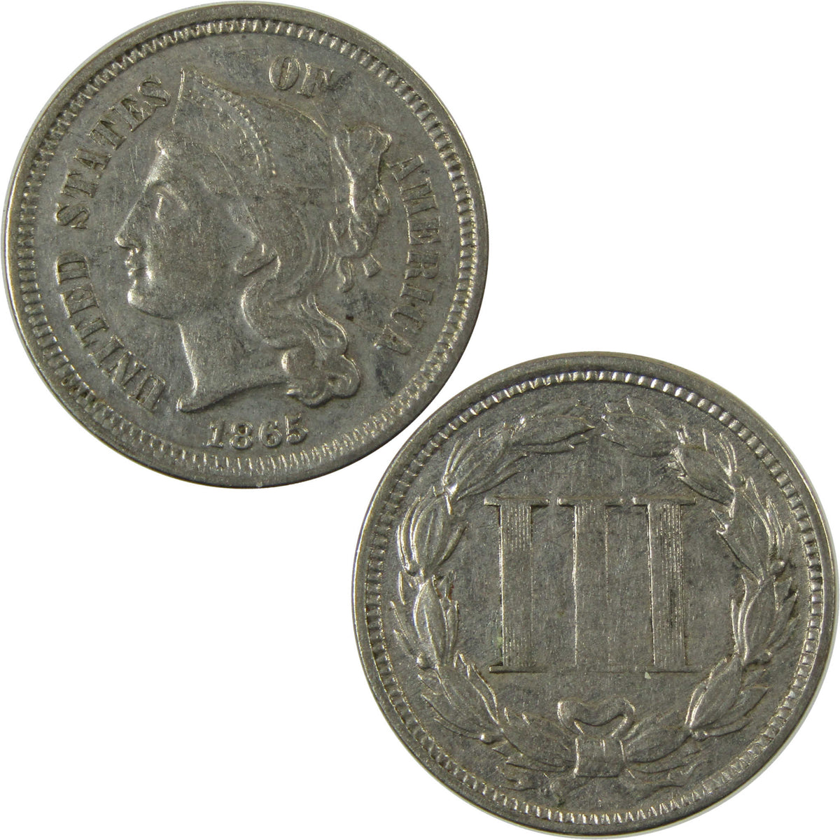 1865 Nickel Three Cent Piece XF EF Extremely Fine 3c Coin SKU:I28509