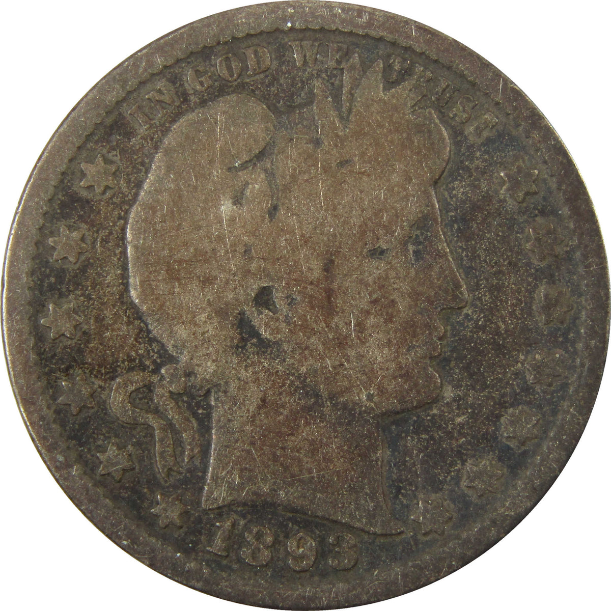 1893 S Barber Silver Quarter G Good 25c Coin Collectible SKU:I28542