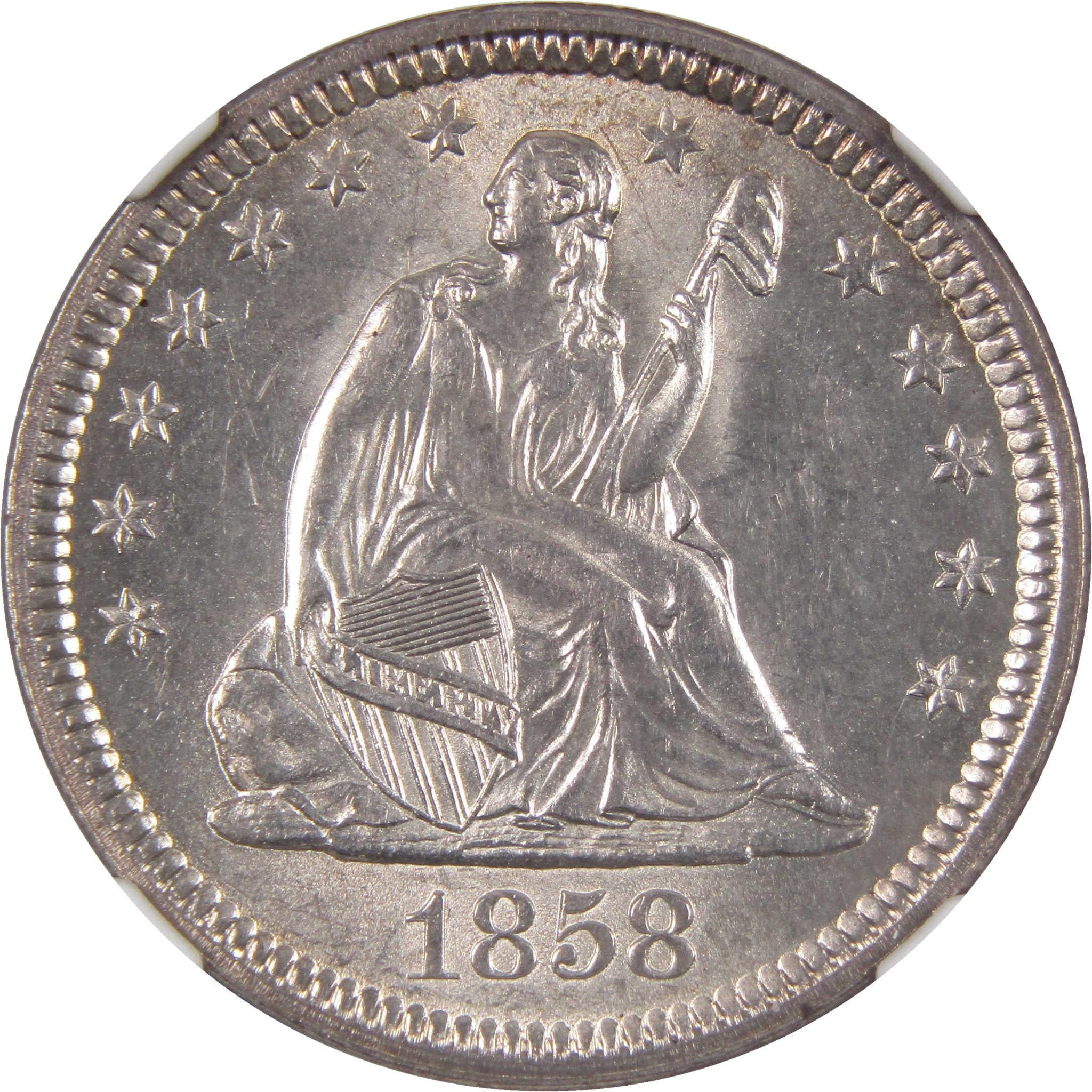 1858 Seated Liberty Quarter MS 64 NGC Silver Uncirculated SKU:I3022