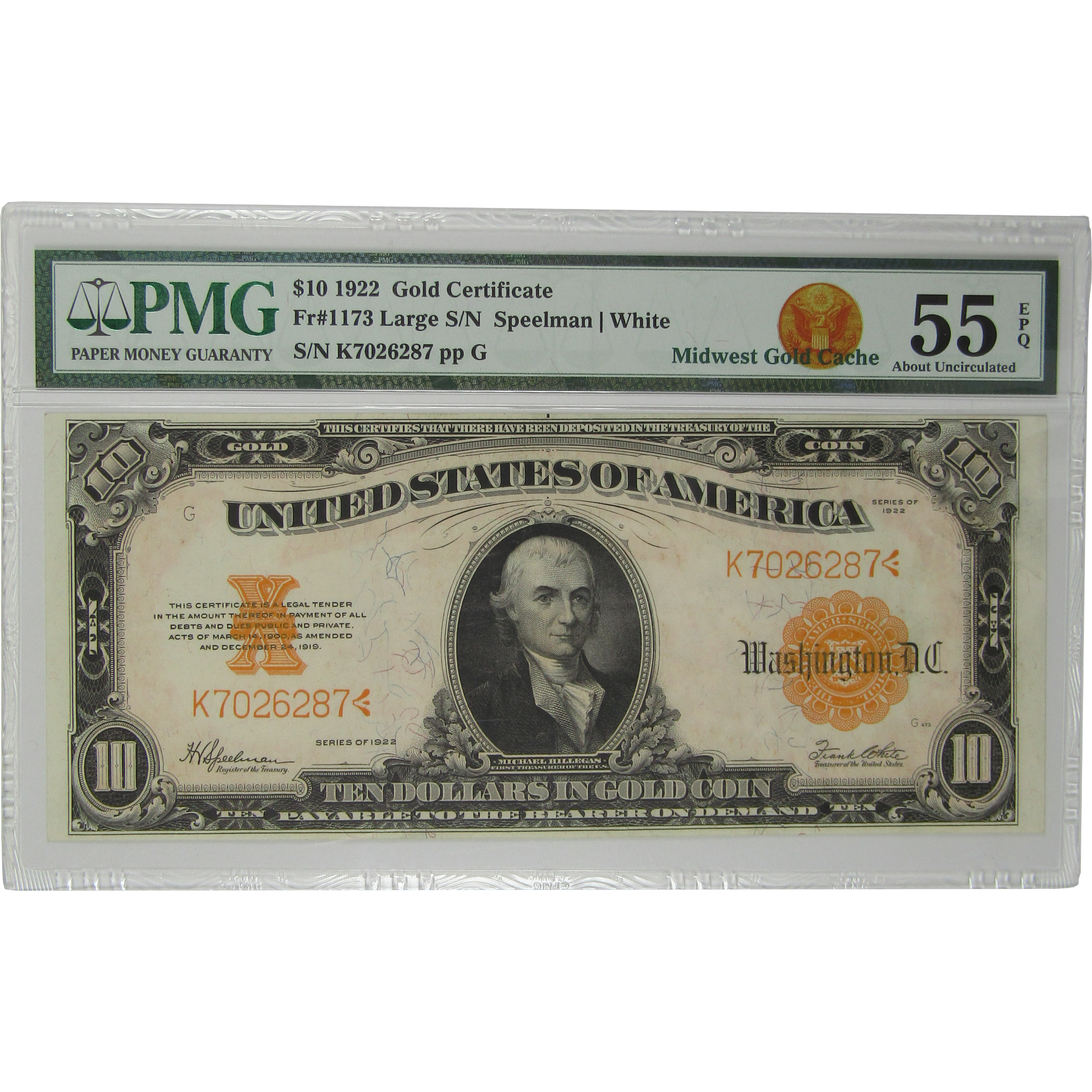 1922 $10 Gold Certificate Fr 1173 Large Serial # About Unc 55 EPQ PMG