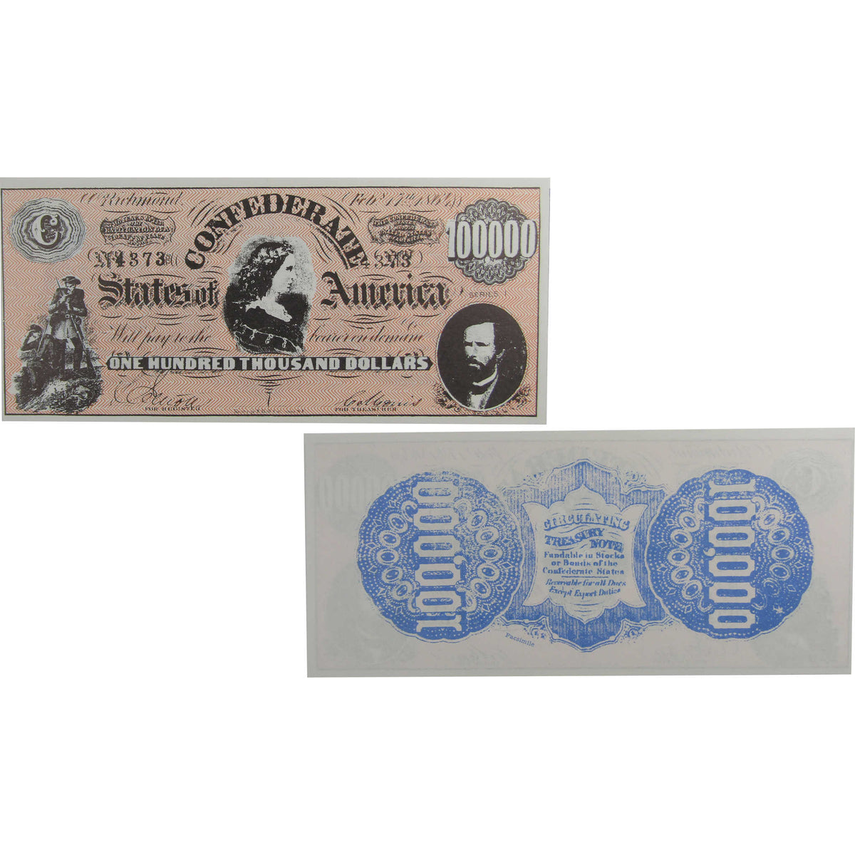 1864 Confederate Sates of America $100,000 Fantasy Note