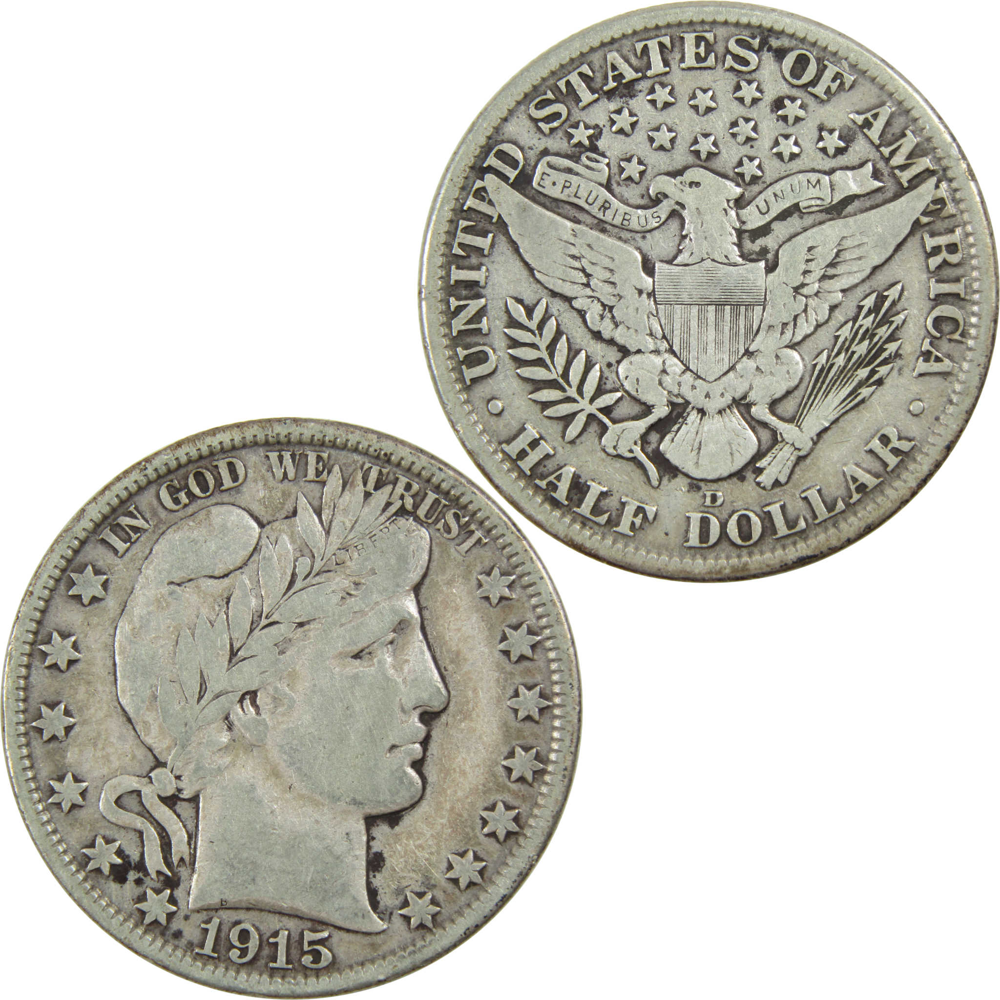 1915 D Barber Half Dollar F Fine Silver 50c Coin SKU:I13260