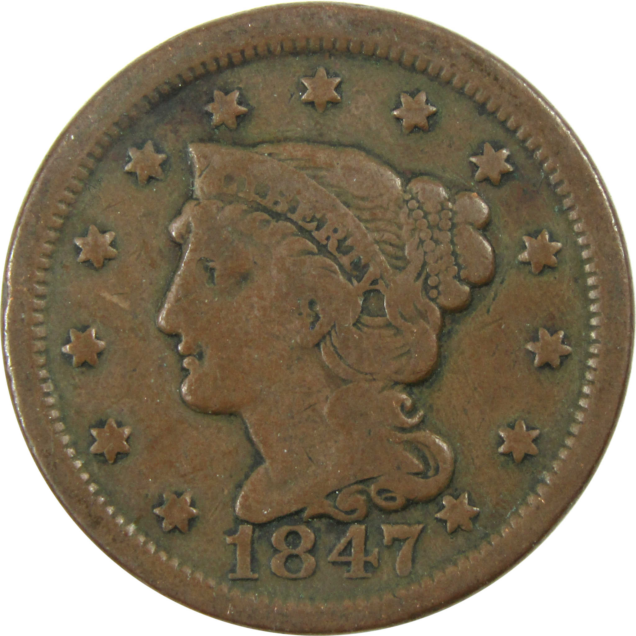 1847 Braided Hair Large Cent VF Very Fine Copper Penny SKU:I13289