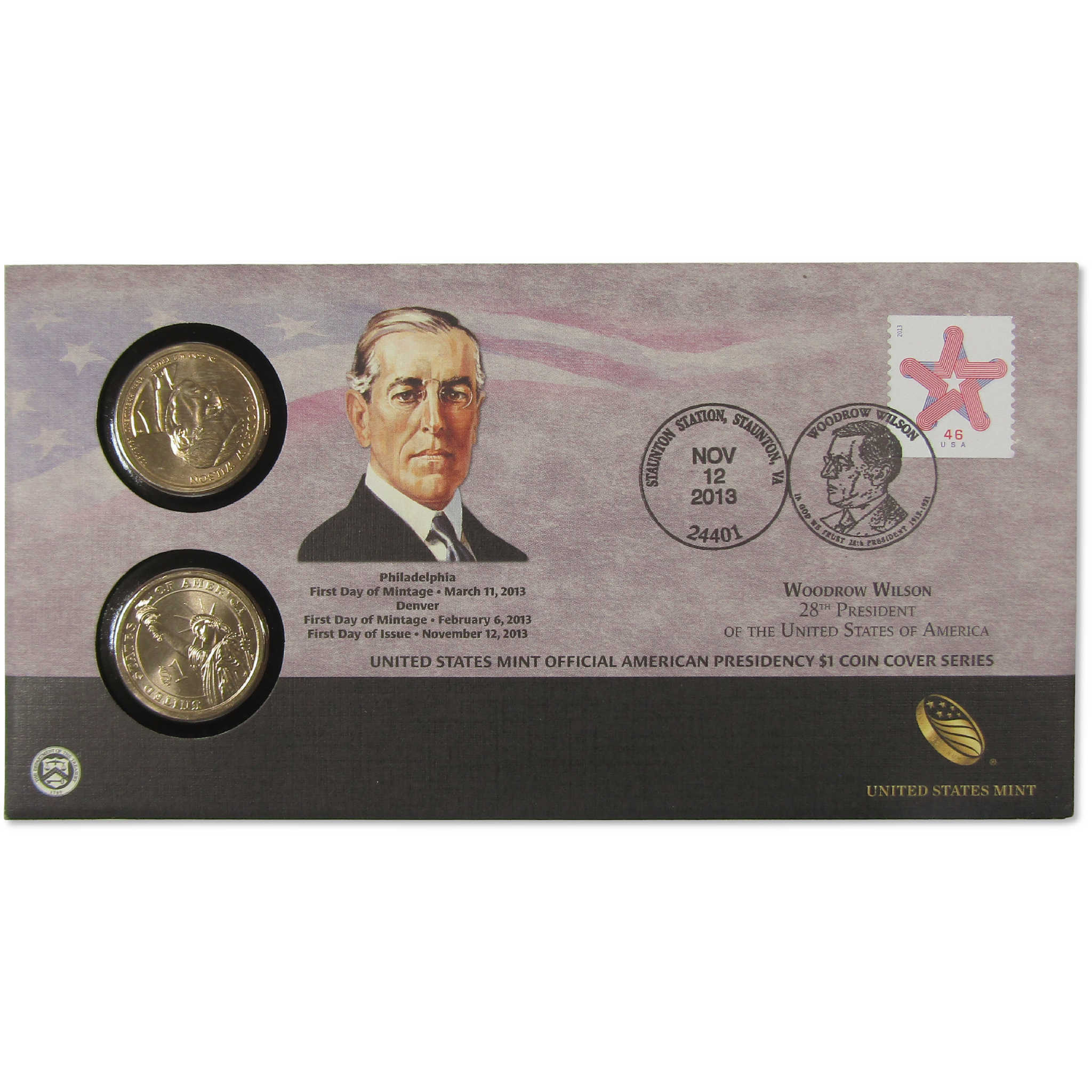 2013 Woodrow Wilson American Presidency $1 Coin Cover SKU:CPC9869