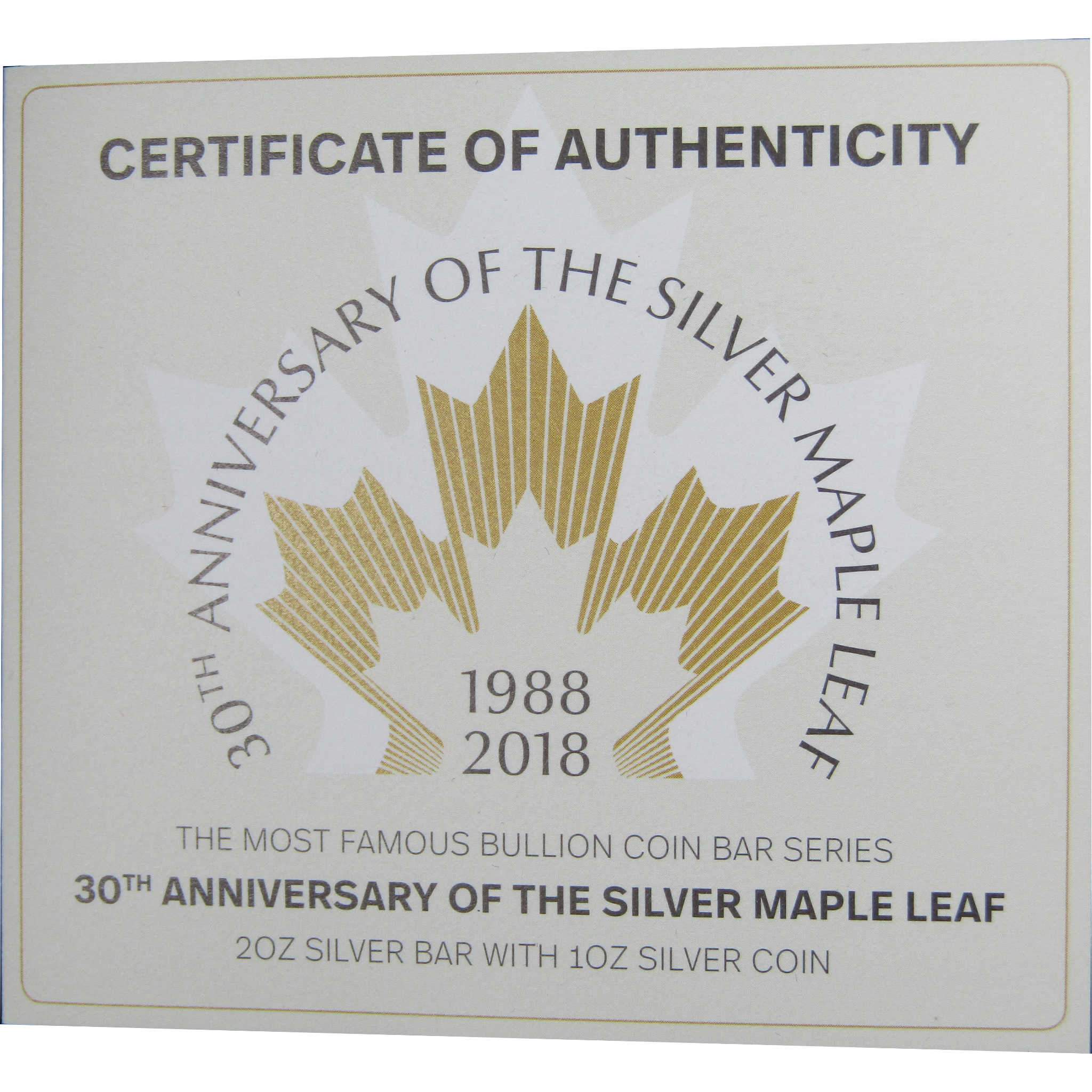 2018 Canadian Maple Leaf 30th Anniversary 3 oz Silver Coin & Bar Set