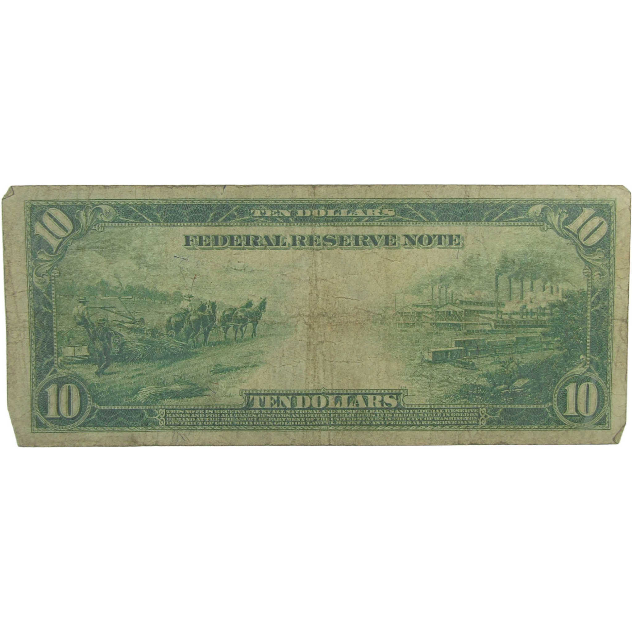 1914 $10 Large Size Federal Reserve Note Fr 921 VG Very Good Currency
