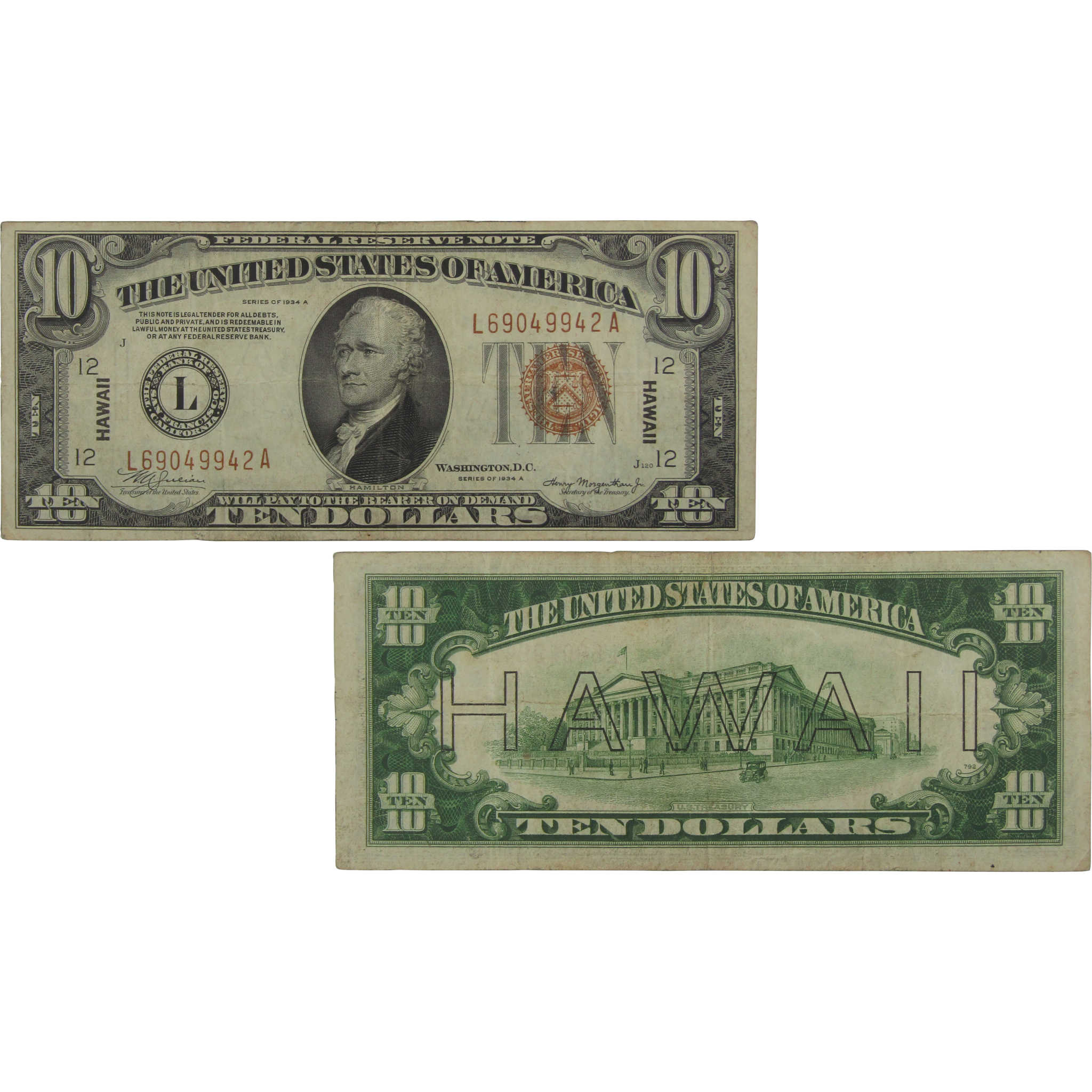 1934 A $10 Federal Reserve Note Hawaii WWII Fr 2303 Fine / Very Fine