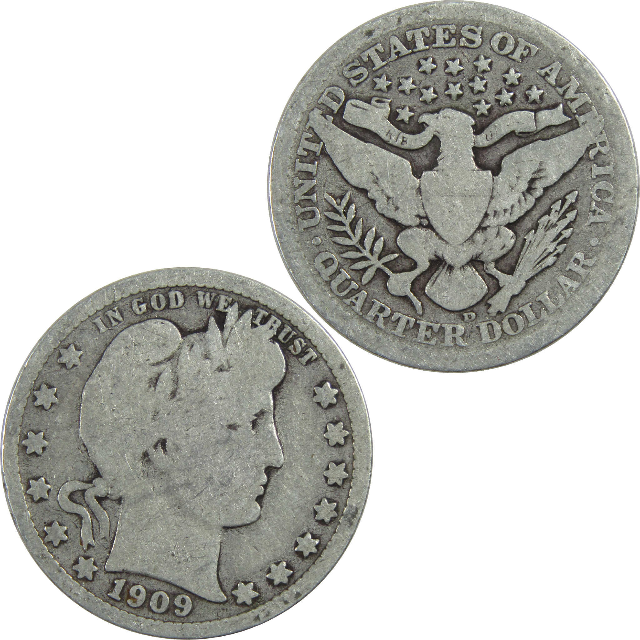 1909 D Barber Quarter G Good Silver 25c Coin SKU:I13177