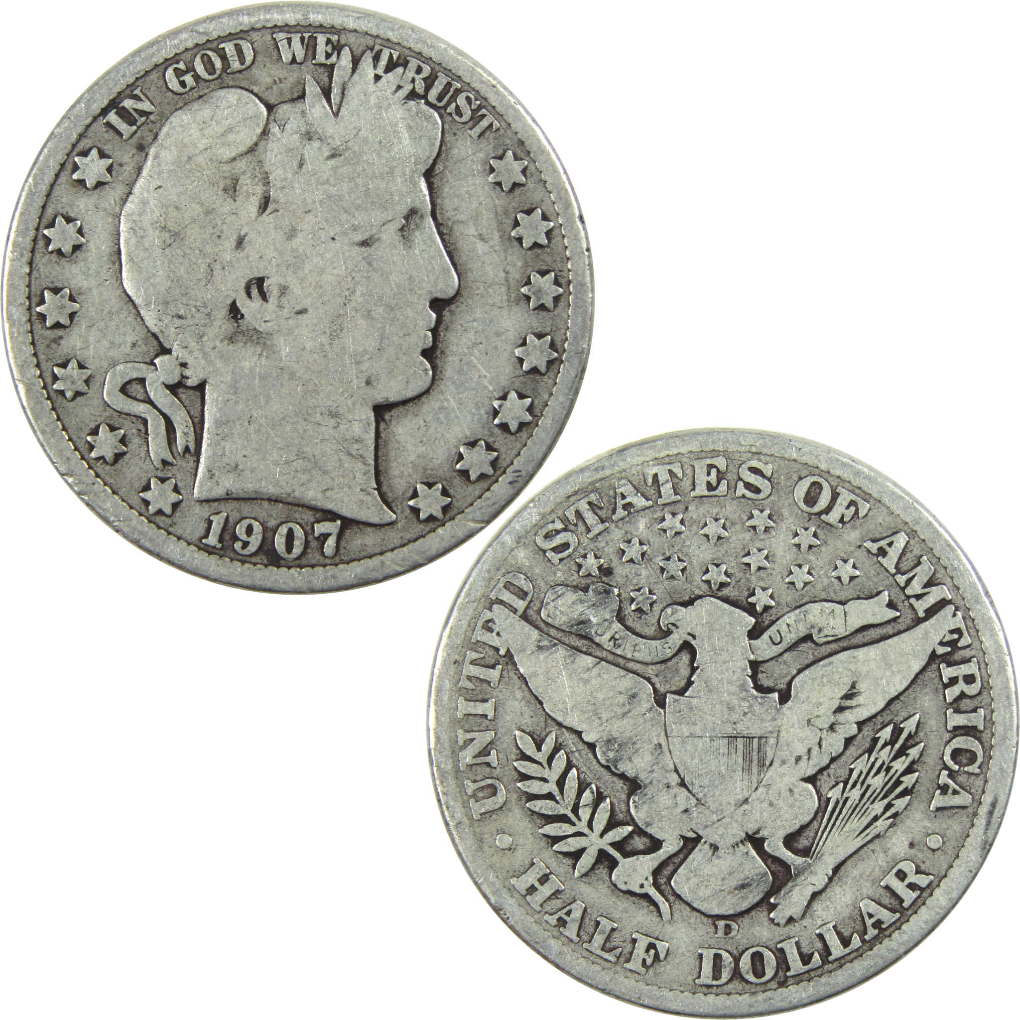 1907 D Barber Half Dollar G Good Silver 50c Coin SKU:I13299